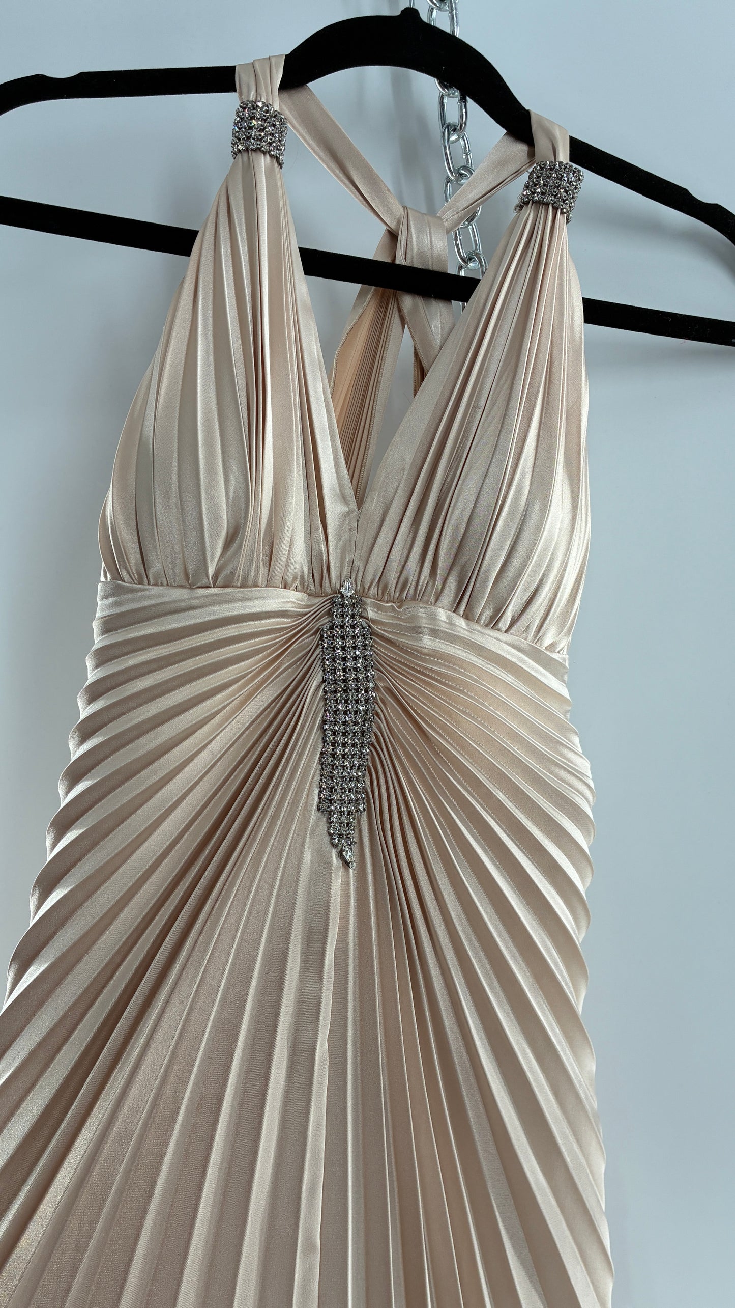 Vintage ISSUE Pleated Champagne Gown with Vented Slit Front, Crystal Bust Appliqué and Strap Cuffs (2)