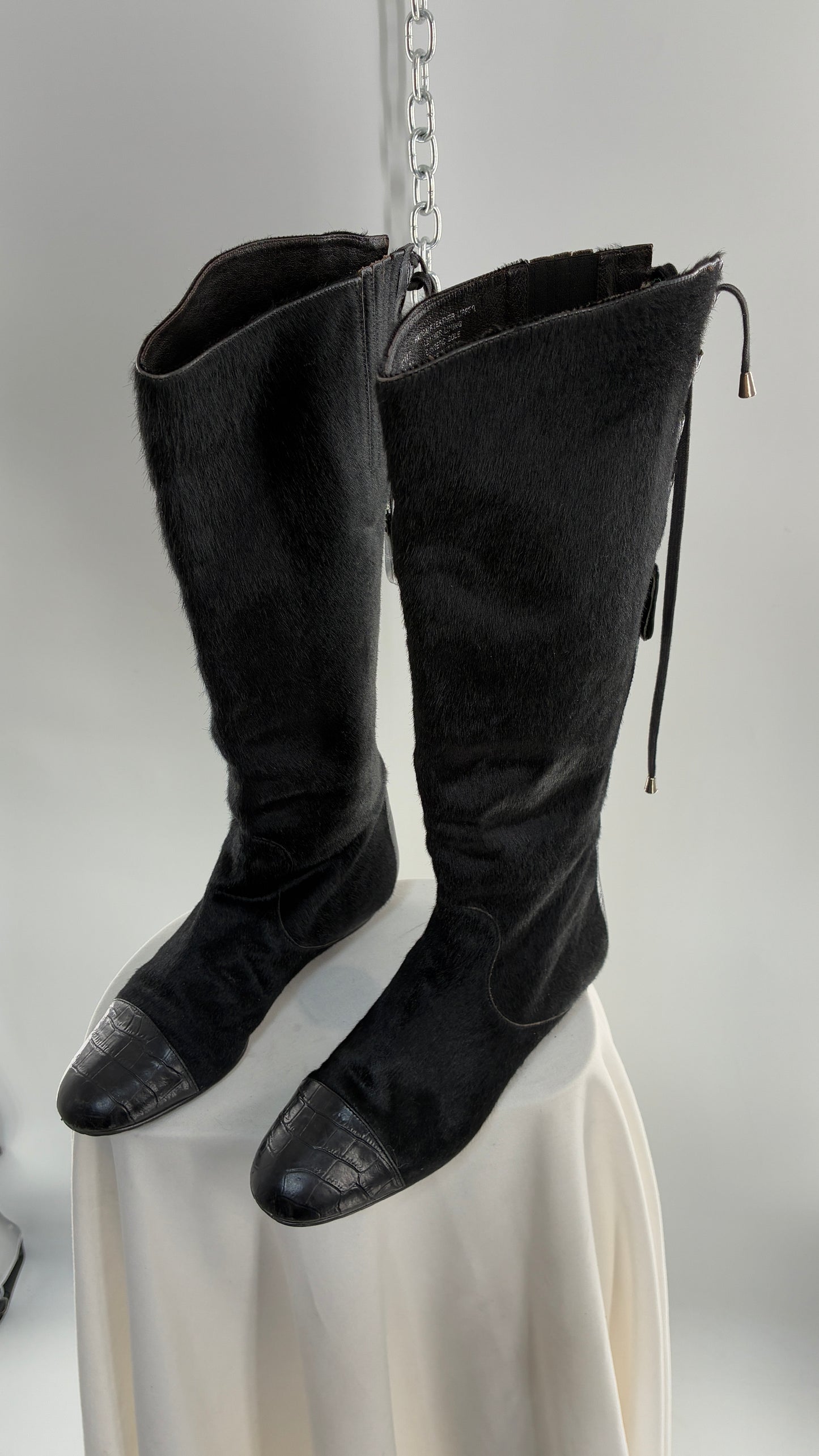 Vintage MIGLIORINI Black Genuine Calf Hair/Fur Boots with Heel, Made in Italy (7.5)