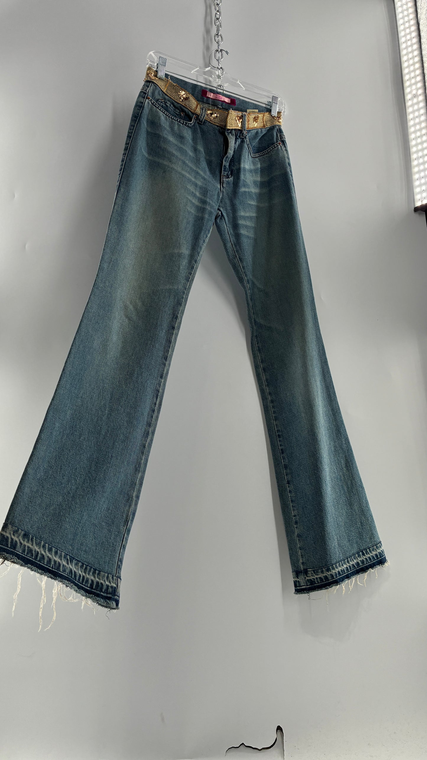 Vintage VOYAGE PASSION Kick Flare Light Wash Jeans with Heart Embroidered Bum and Gold Sequin Belt (28)