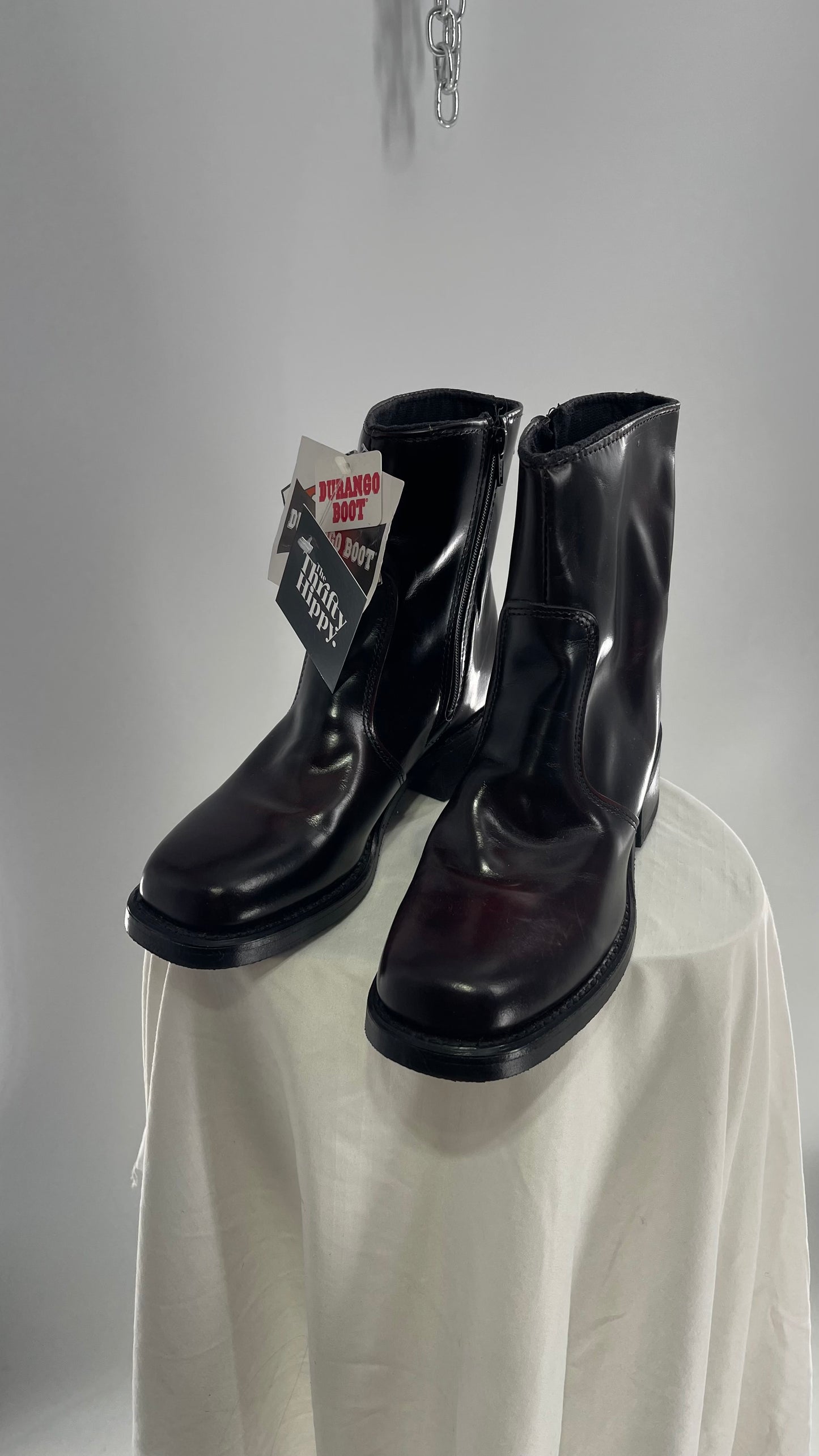 Vintage 1970s DURANGO Cherry/Deep Brown Patent Square Toe Men’s Boots Neoprene Oil Resistant (9)