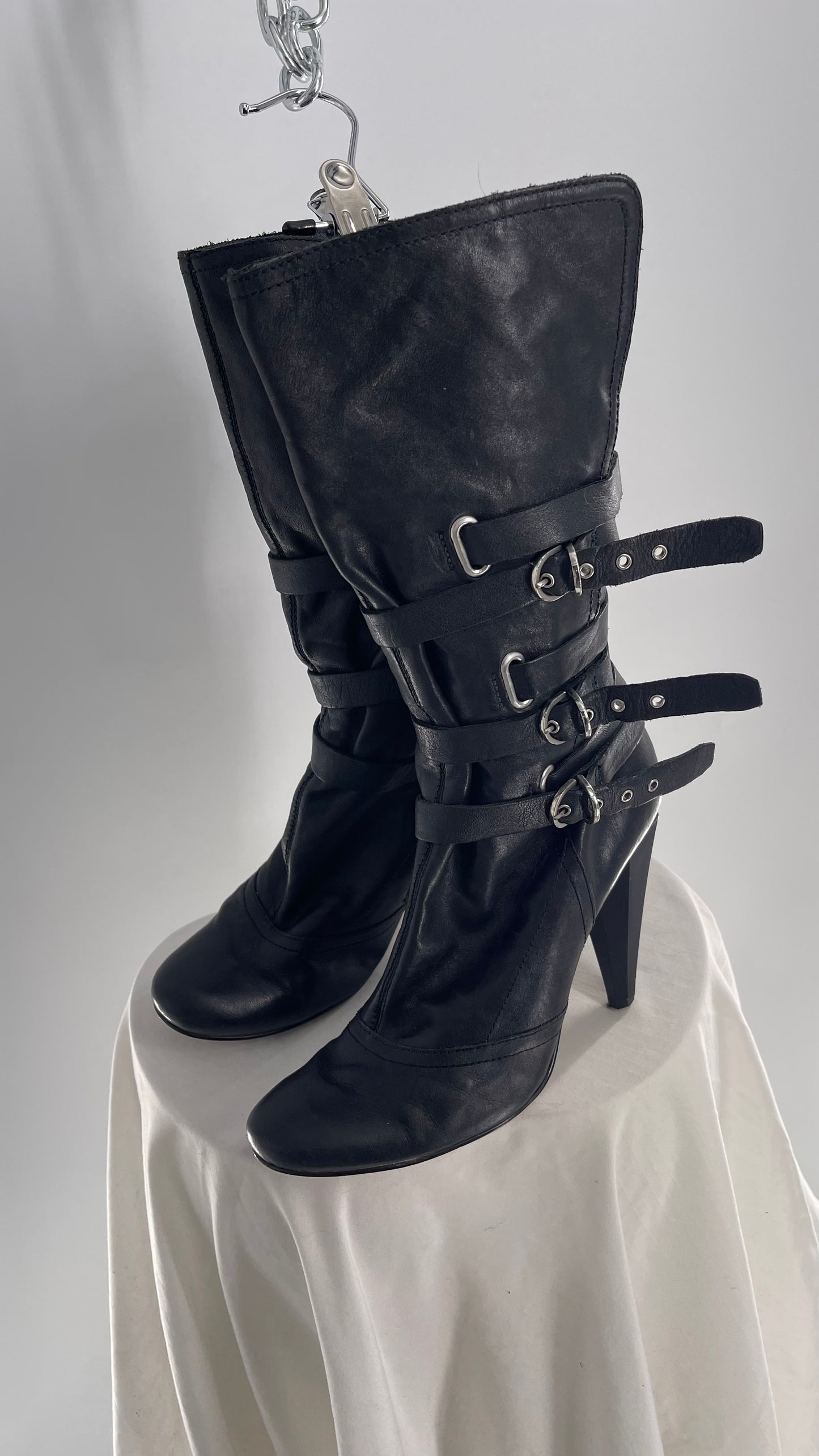 Vintage Black Leather Round Toe Knee High Boot Heel with Multiple Strap/Buckle Details (8.5)