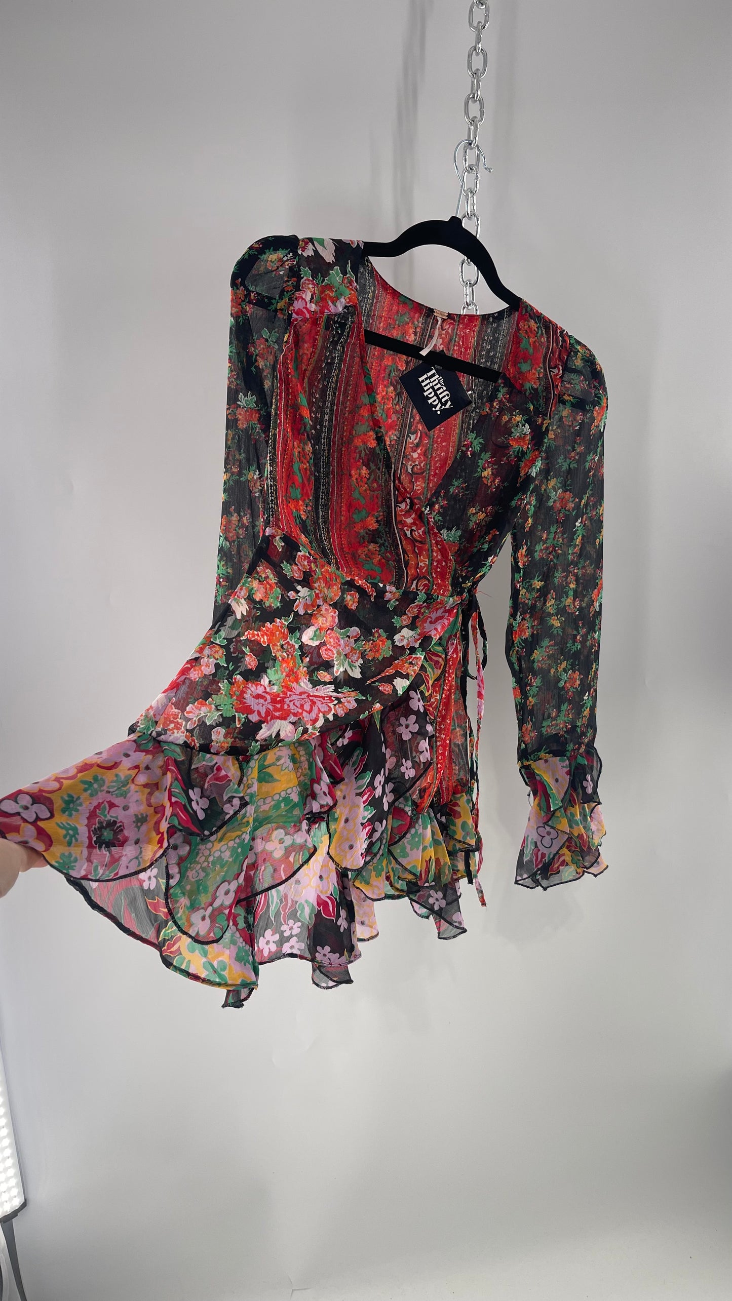 Free People Black Colorful Floral Tie Front Blouse with Ruffled Sleeves and Hem(XS)