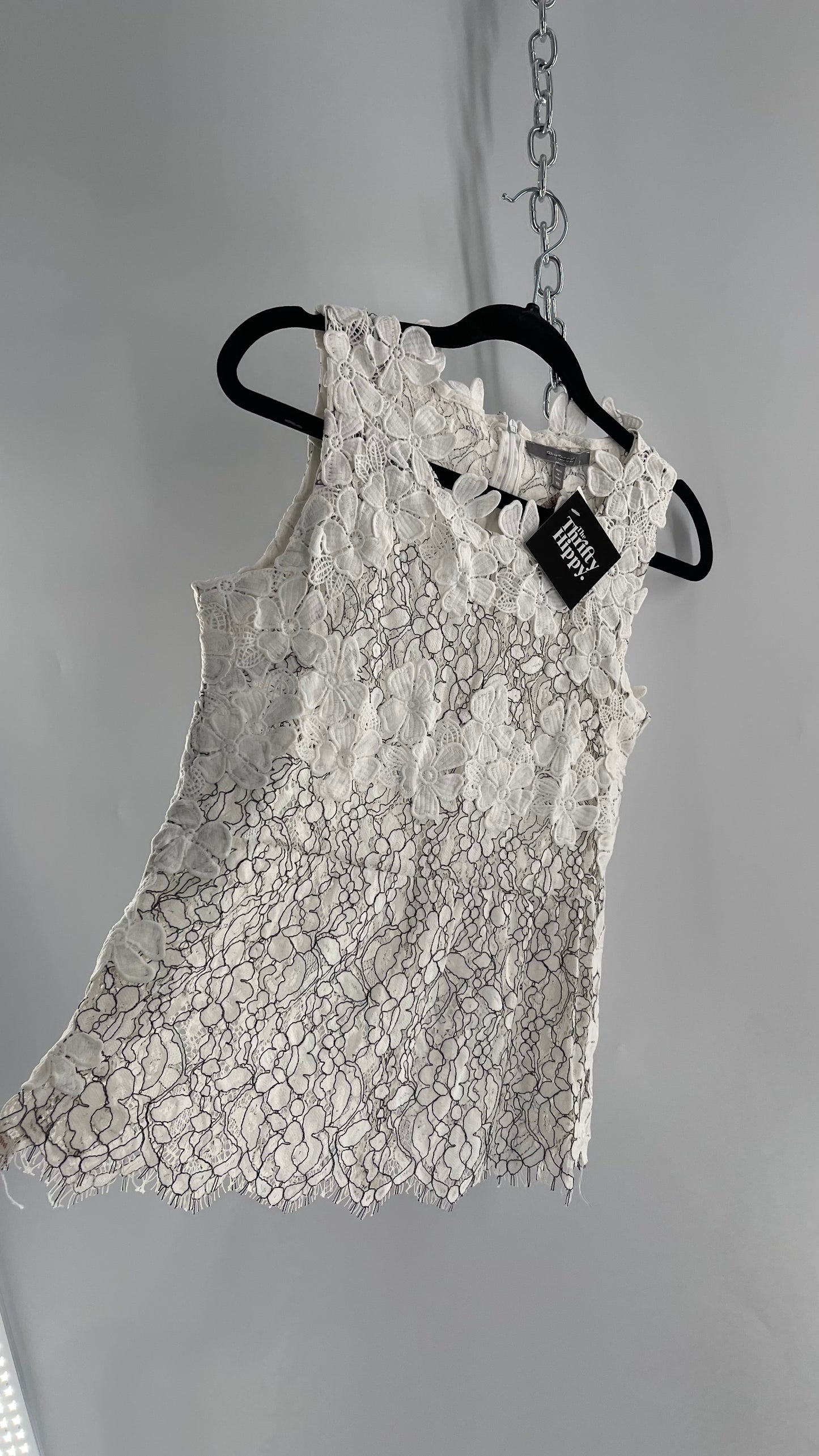 Anthropologie Blue Tassel White Lace Tank with White Lace Under bust and Collar Trim (XS)