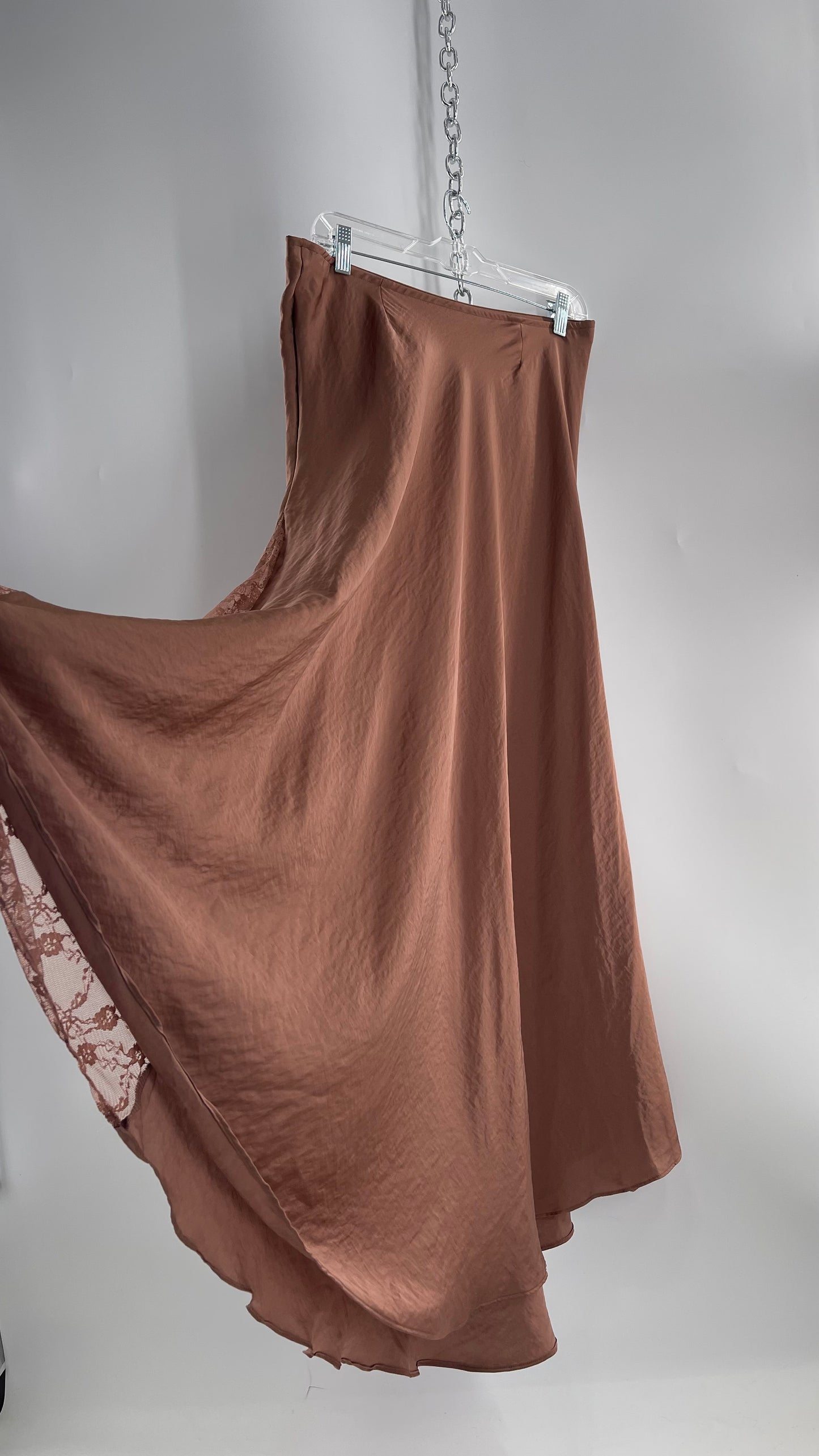 Intimately Free People Brown/Dusty Mauve Satin Maxi Skirt with Lace Paneling (Medium)