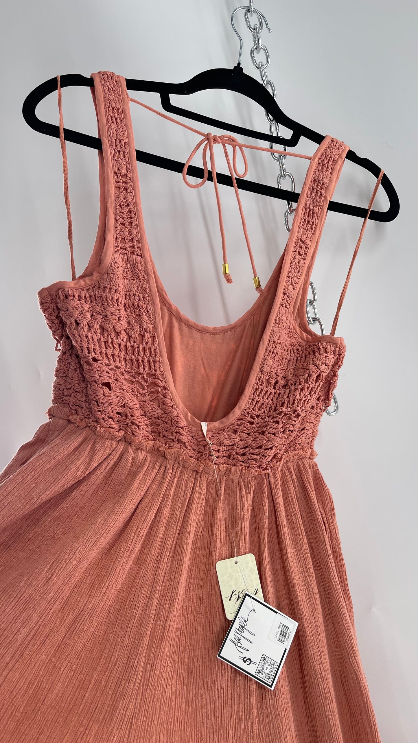 Free People Rose/Peach Pink Wide Leg Jumpsuit with Crochet Bust and Tags Attached (XS)