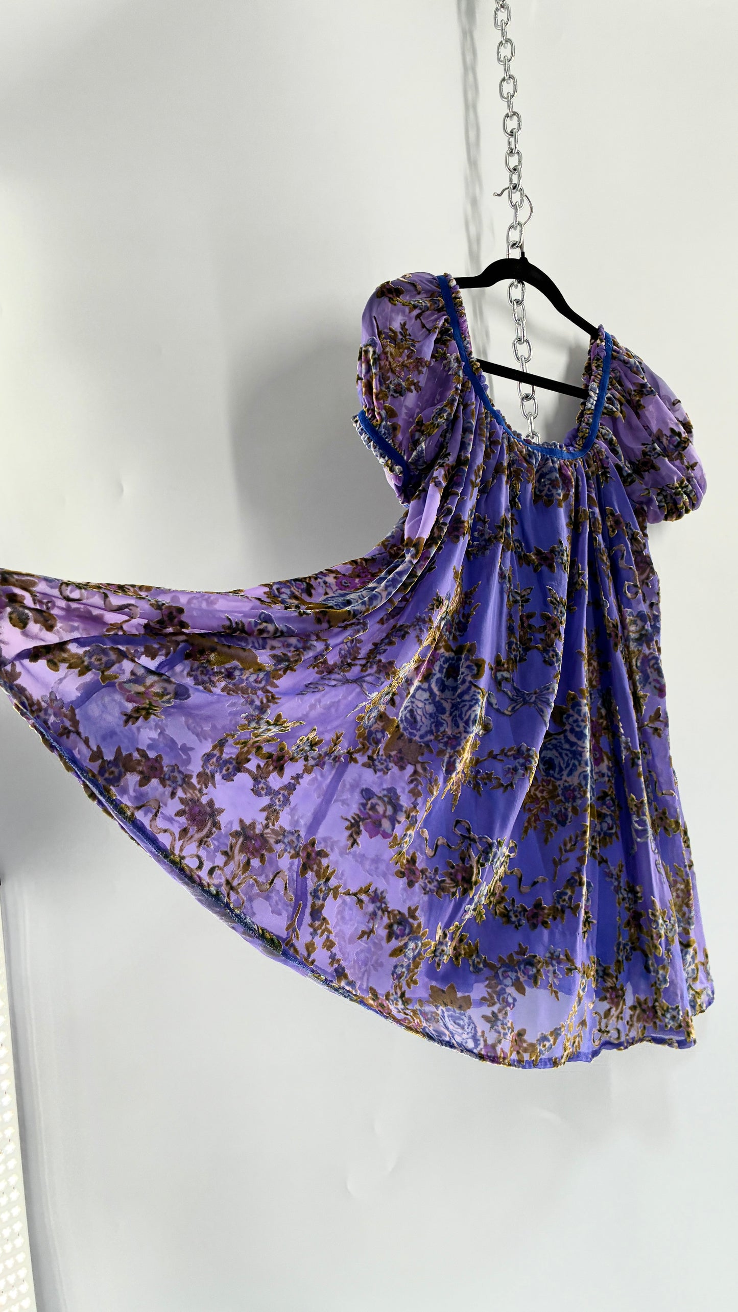 Free People Royal Blue Velour Floral and Bow Puff Sleeve Babydoll Mini Dress (XS)