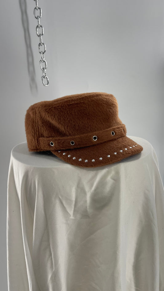 Studded Fuzzy Brown Newsboy Cap