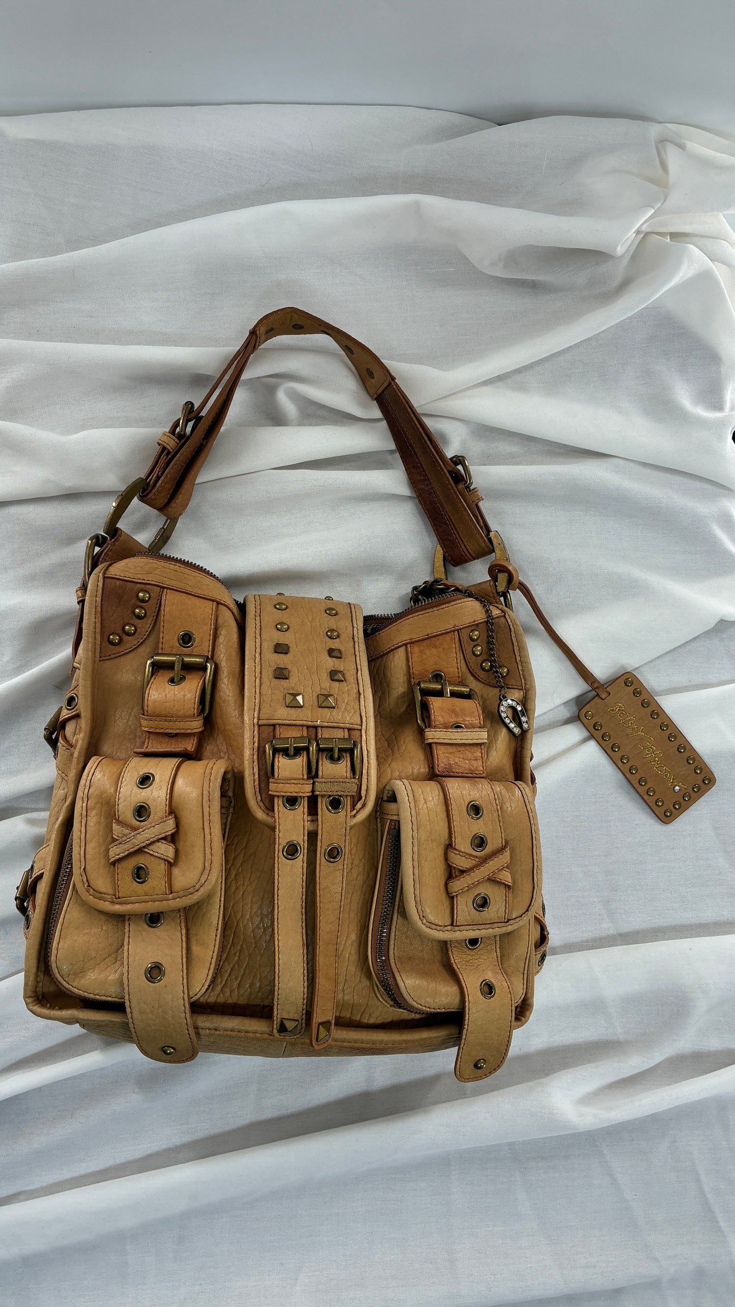 Rare Vintage BETSEY JOHNSON Heavy Leather, Oversized Shoulder Bag with Leopard Lining