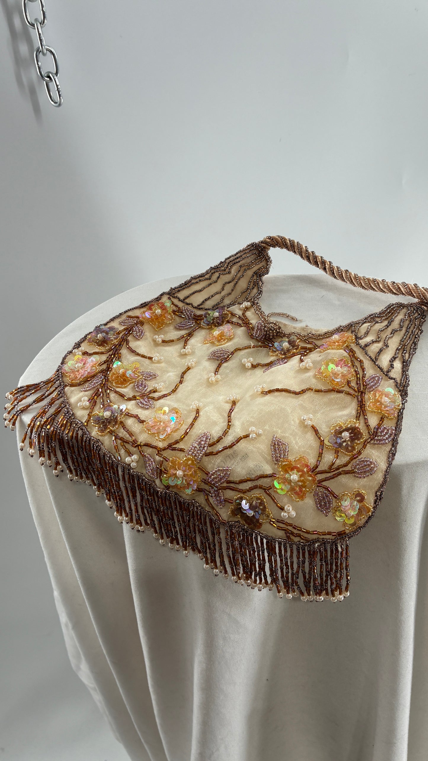 Vintage Deadstock Beige Beaded Fringe Purse with Embroidered Beaded Florals