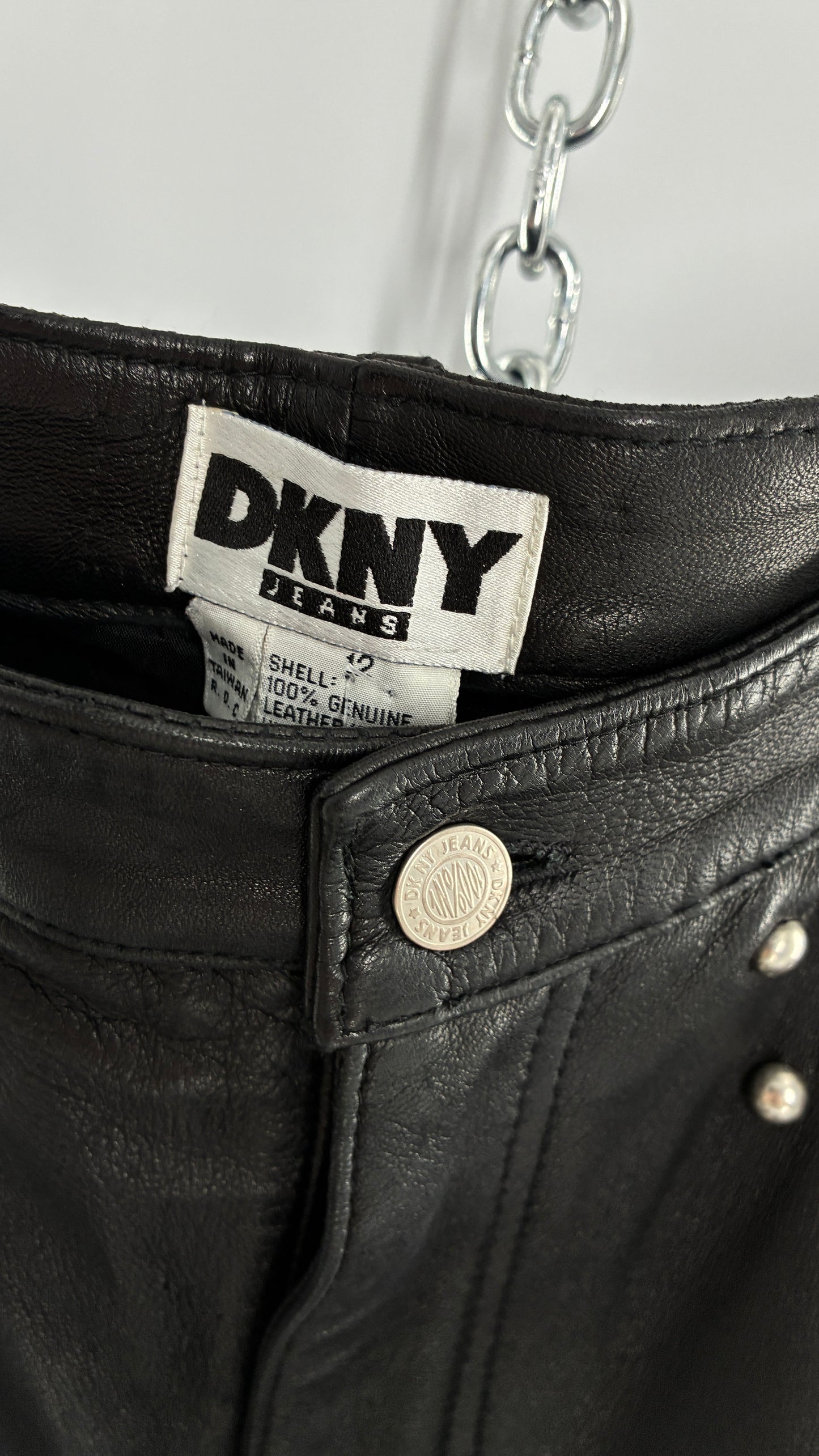 Vintage DKNY Genuine Leather Black Hip to Hem Studded Straight Legs (12)