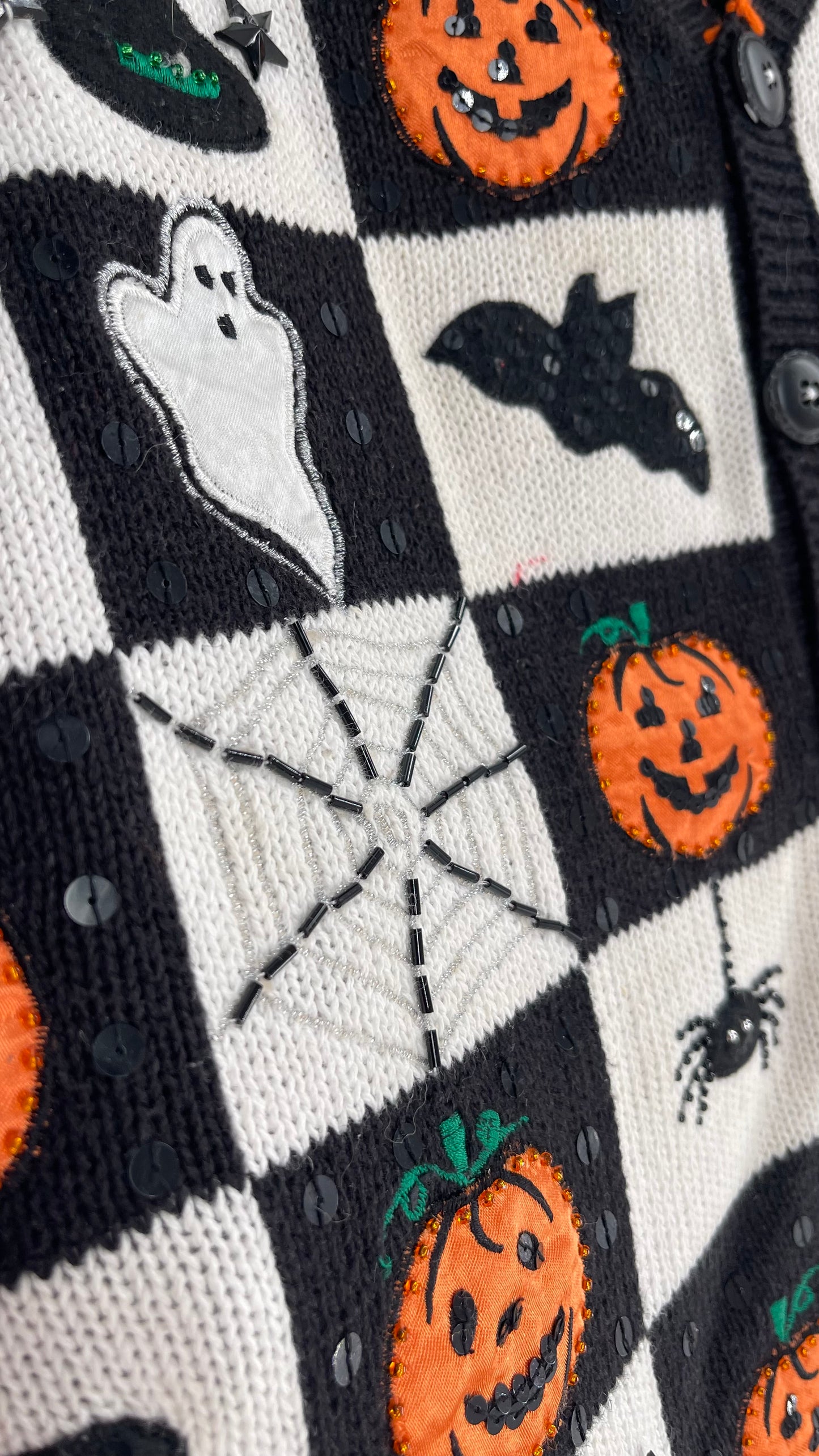 Vintage Knit Halloween Vest with Beaded Stars, Webs and Spiders (Large)