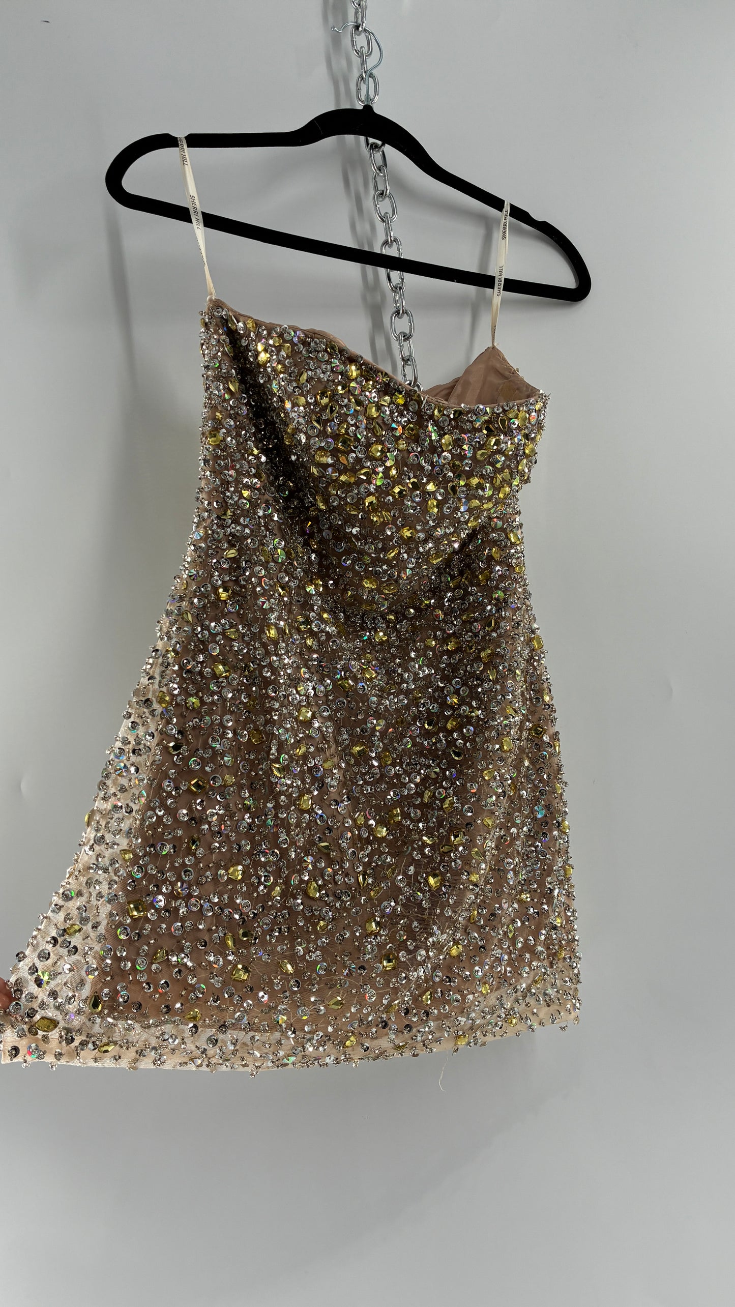 Vintage SHERRI HILL Nude Tan Underlay Mini Dress, Full Bedazzled and Covered in Beads  (6)