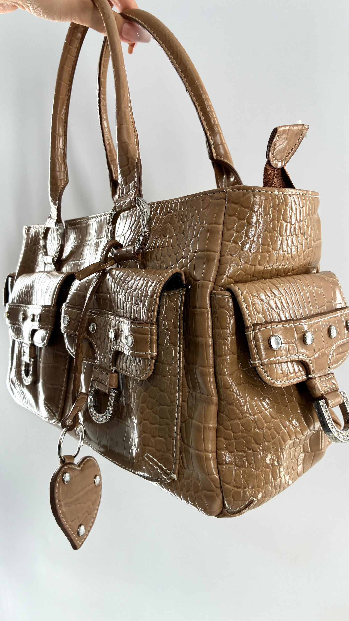 Vintage VALERIE STEVENS Crocodile Embossed Tan Shoulder Bag with Rhinestones and Heart Charm