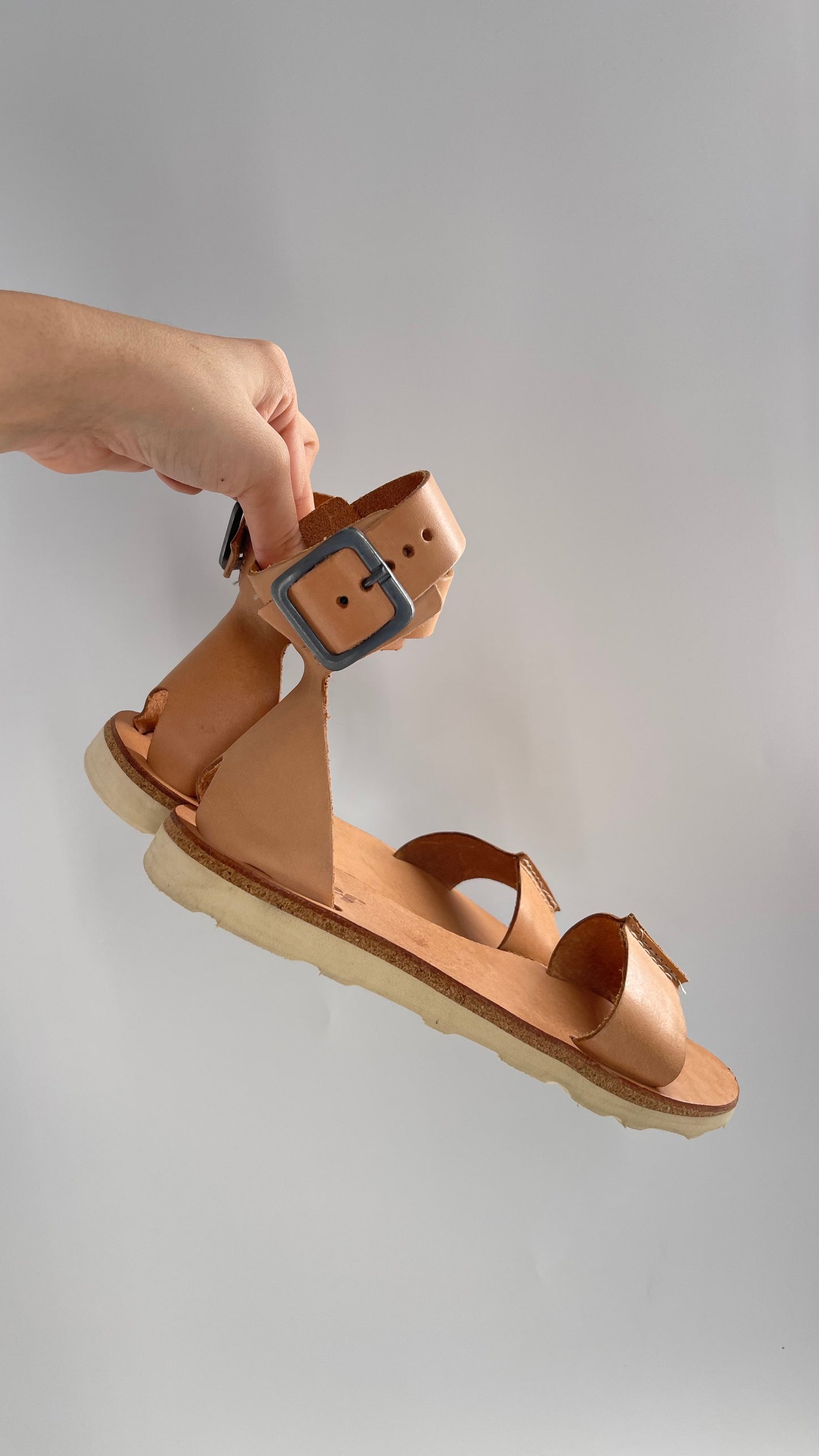 Free People Reef Light Nude / Tan Leather Sandals with Thick Ankle Strapped Buckle (6)