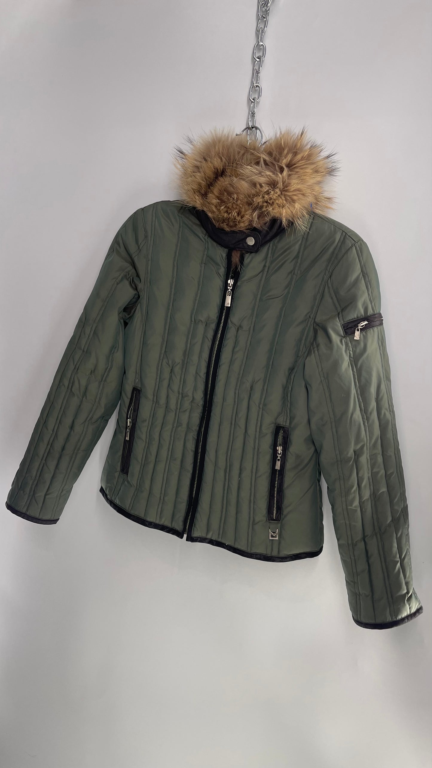 Vintage Michael Kors 1990s Army Green Puffer with Raccoon Fur Hood Waterfowl and Down Filling (Small)