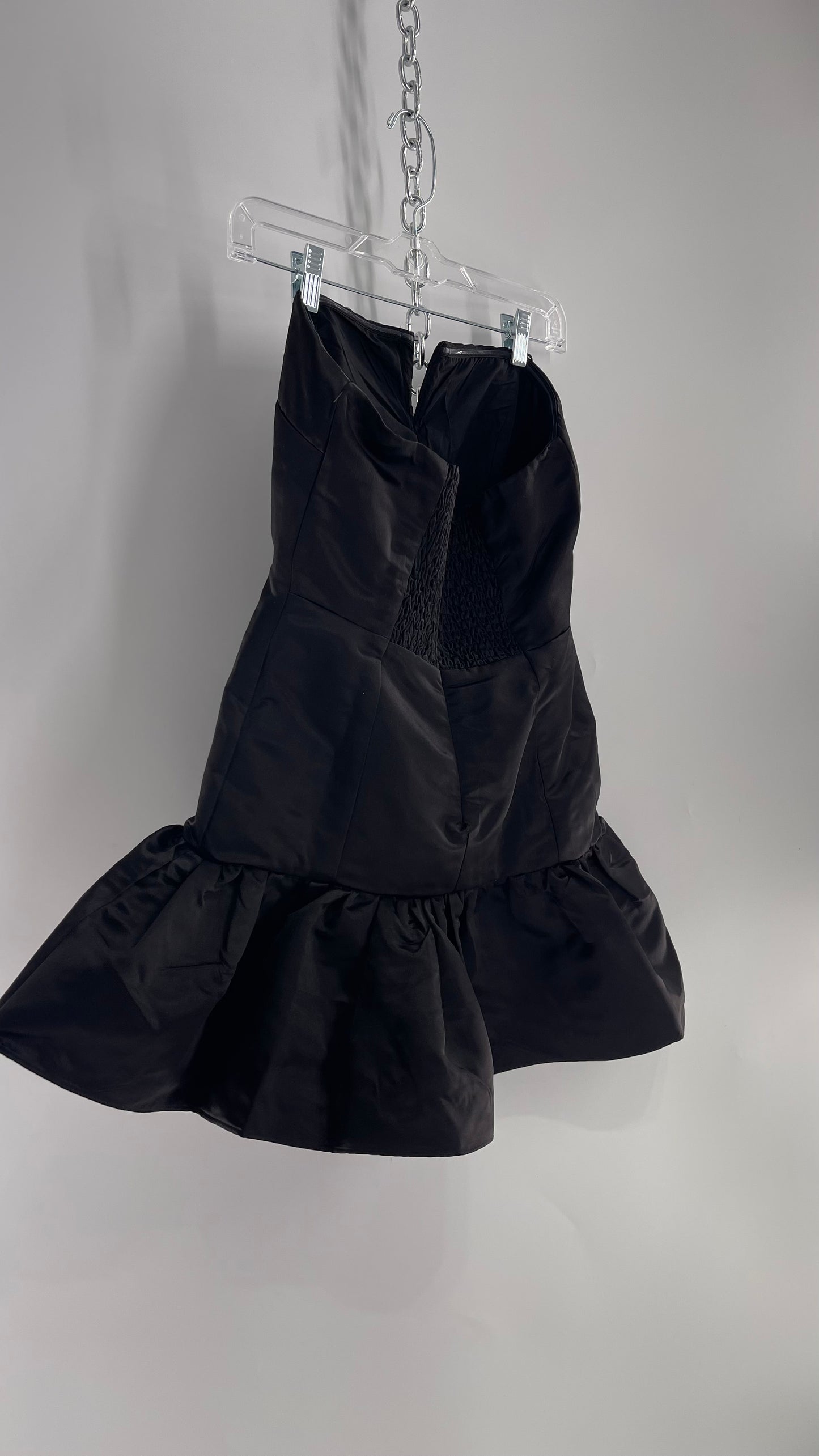 Maeve Black Mini Dress with Drop Hip Bubble Hem, Lace/Bow Appliqué and Tight Bodice (Small)