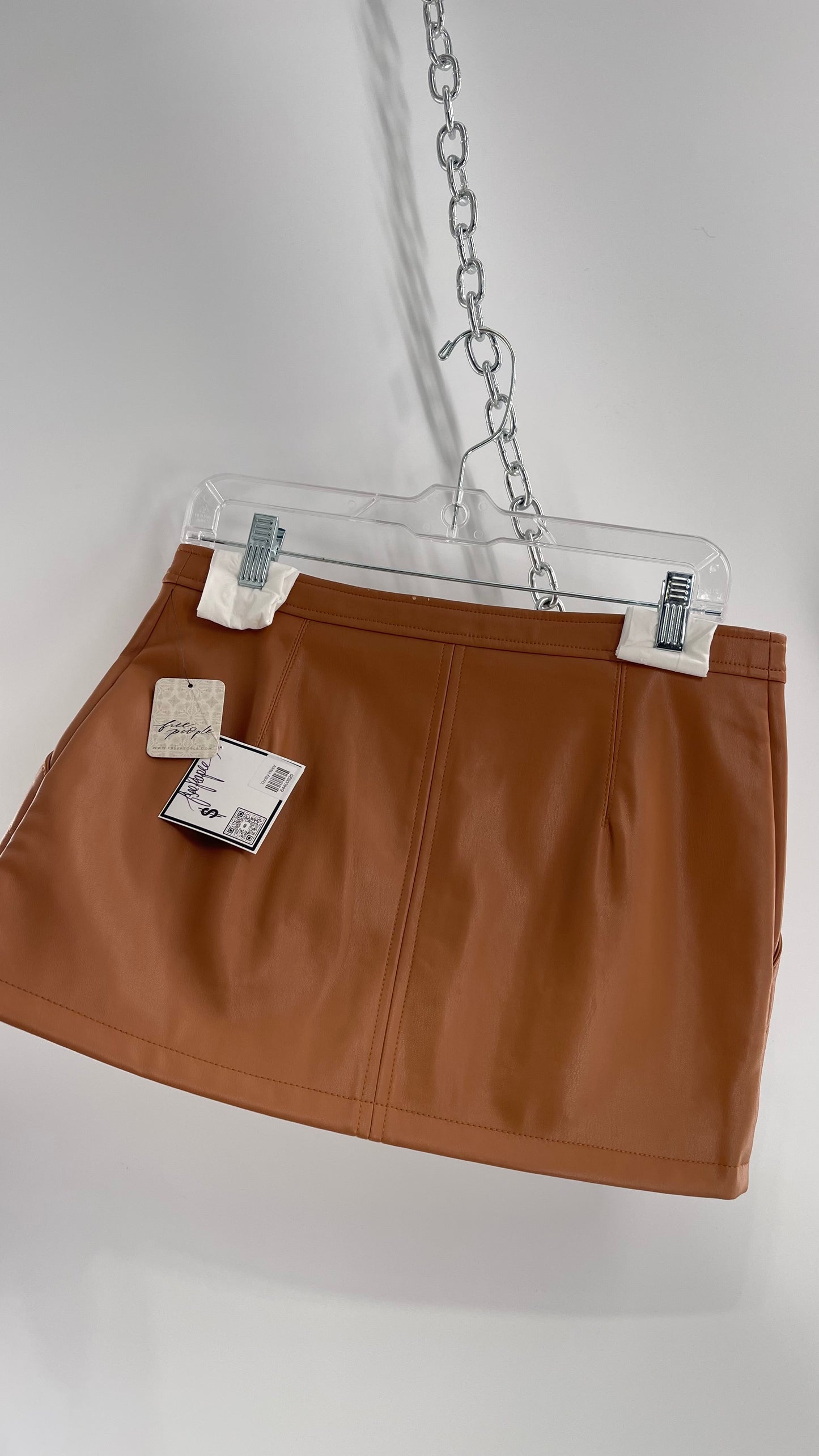 Free People Cognac Brown Vegan Leather Zip Front Skirt with Tags Attached (6)