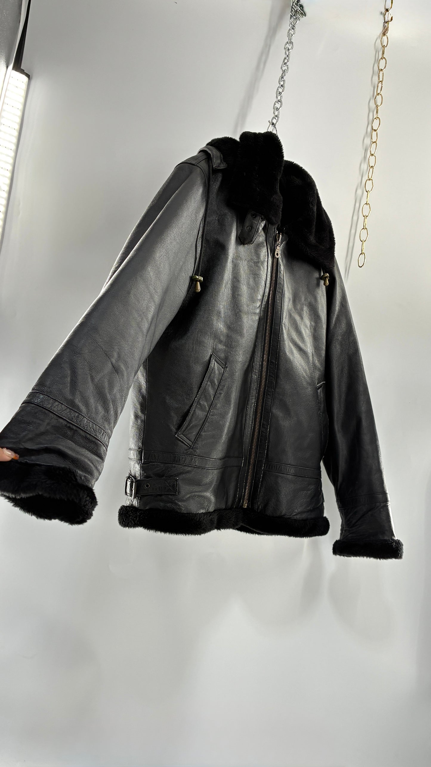 Vintage TANNERS AVENUE Black Genuine Leather Jacket with High Neck and Hood (Medium)