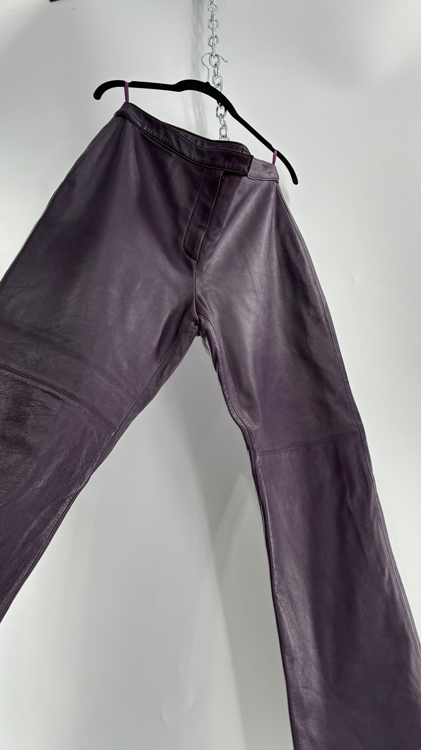 Vintage SHIN CHOI Genuine Italian Leather Purple Side Closure Low Rise Pants (12)