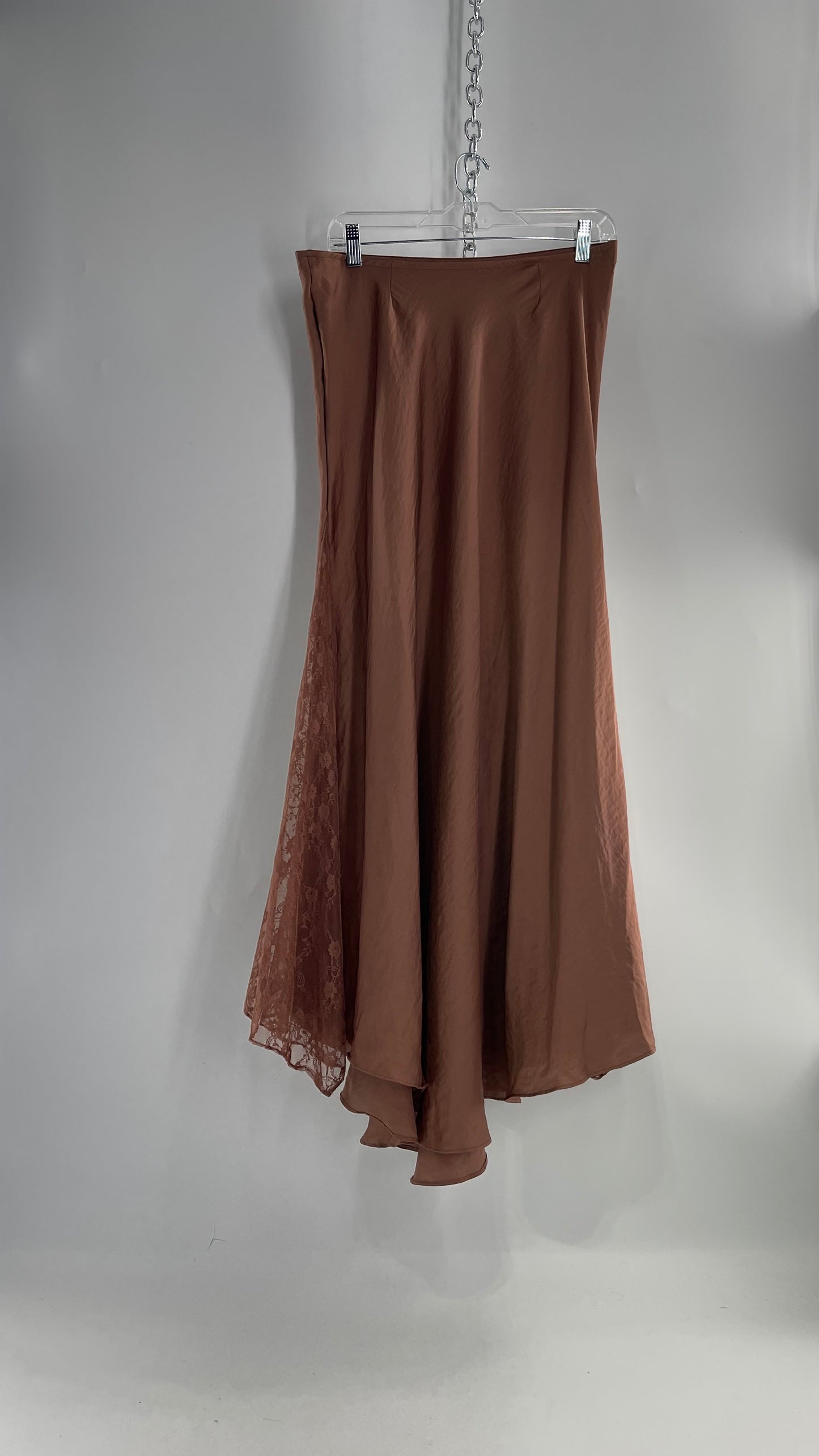 Intimately Free People Brown/Dusty Mauve Satin Maxi Skirt with Lace Paneling (Medium)