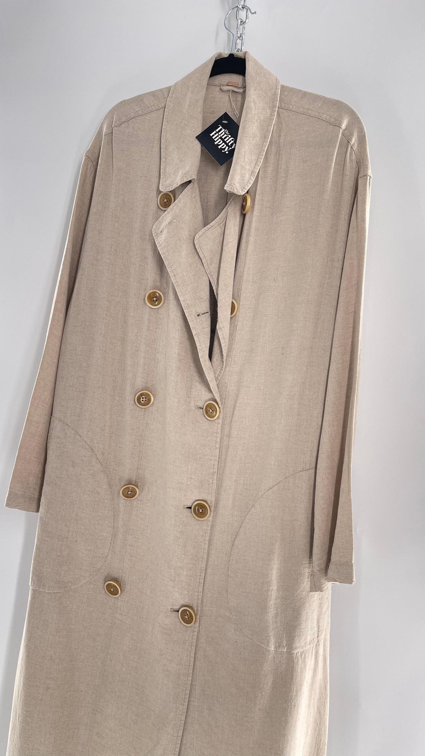 Free People Double Breasted Beige Linen Trench Coat with Brown Buttons and Tags Attached