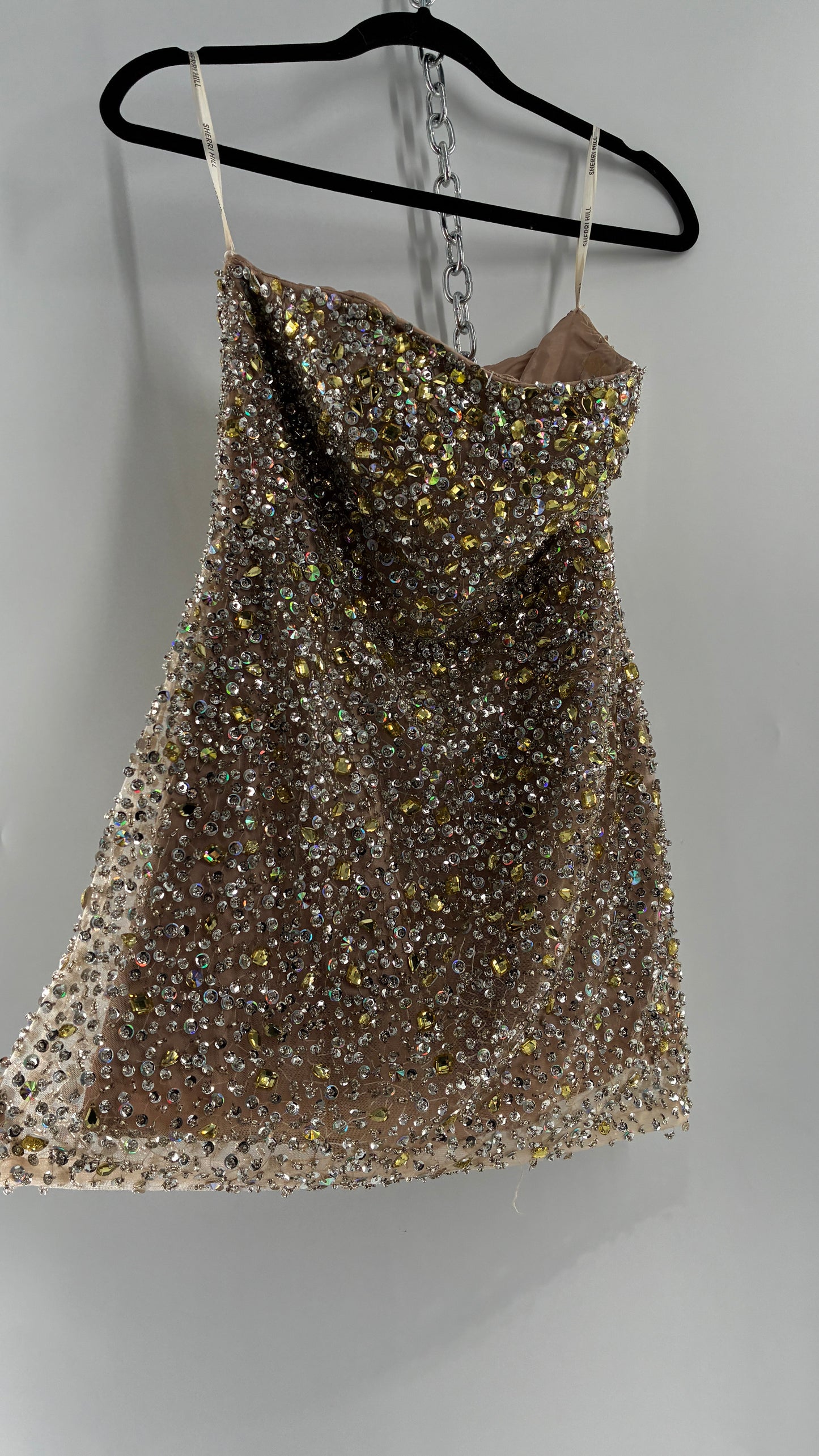 Vintage SHERRI HILL Nude Tan Underlay Mini Dress, Full Bedazzled and Covered in Beads  (6)