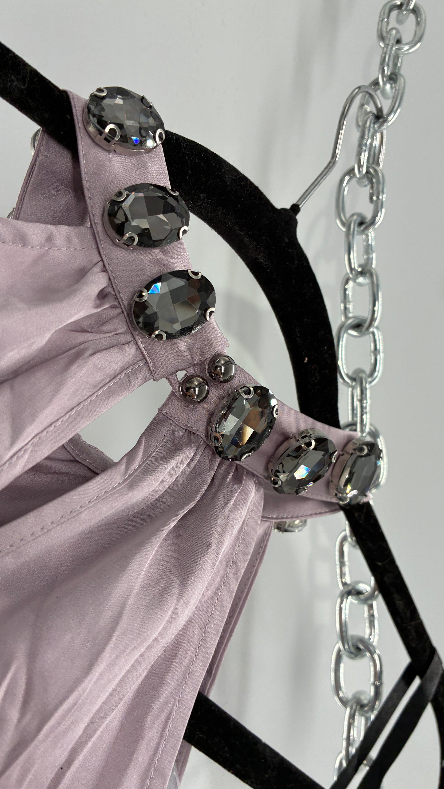 Deadstock Vintage BEBE Silky Dusty Purple Halter with Oversized Rhinestone Choker (XS)
