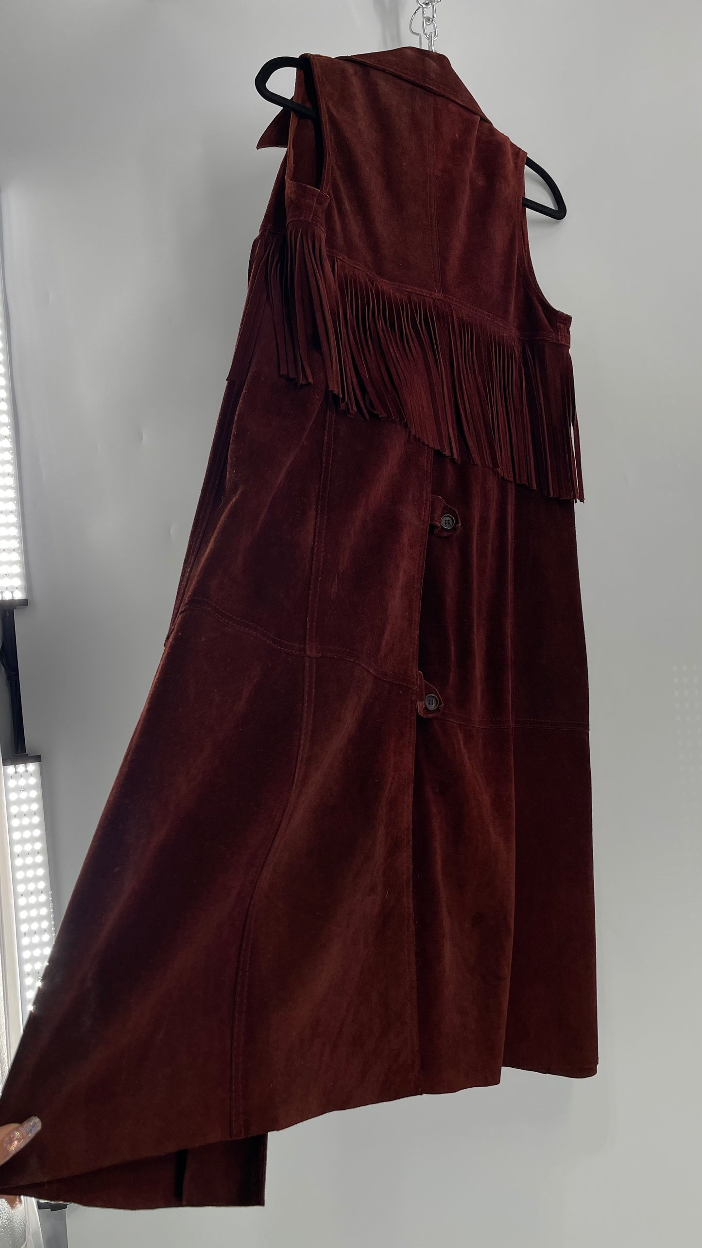 Vintage 1970s Suede Leather Full Length Reddish Brown Vest (S/M)