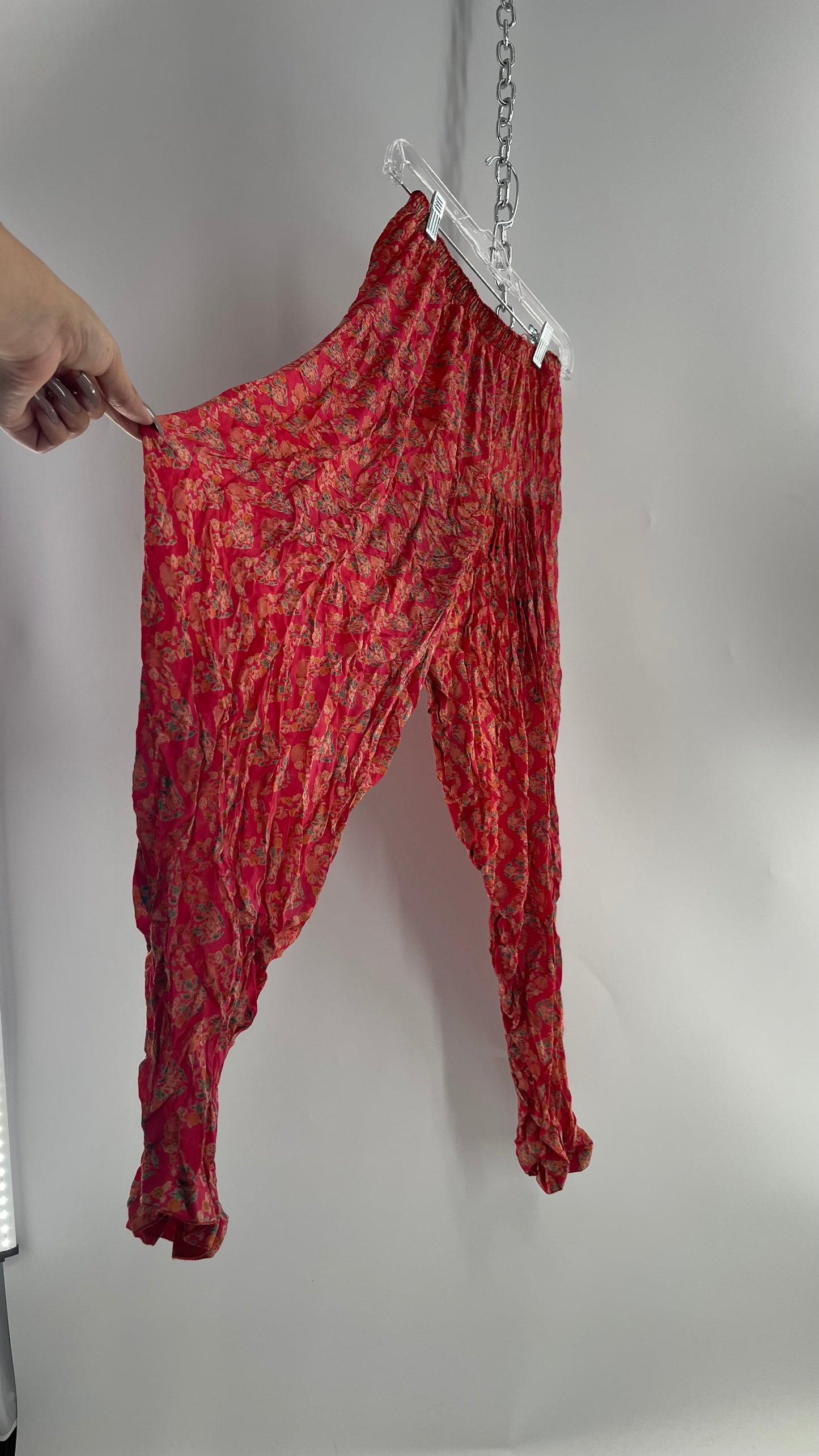 Vintage Crimped Hot Pink Floral Yoga/Haram/Drop Crotch Pants (Small)