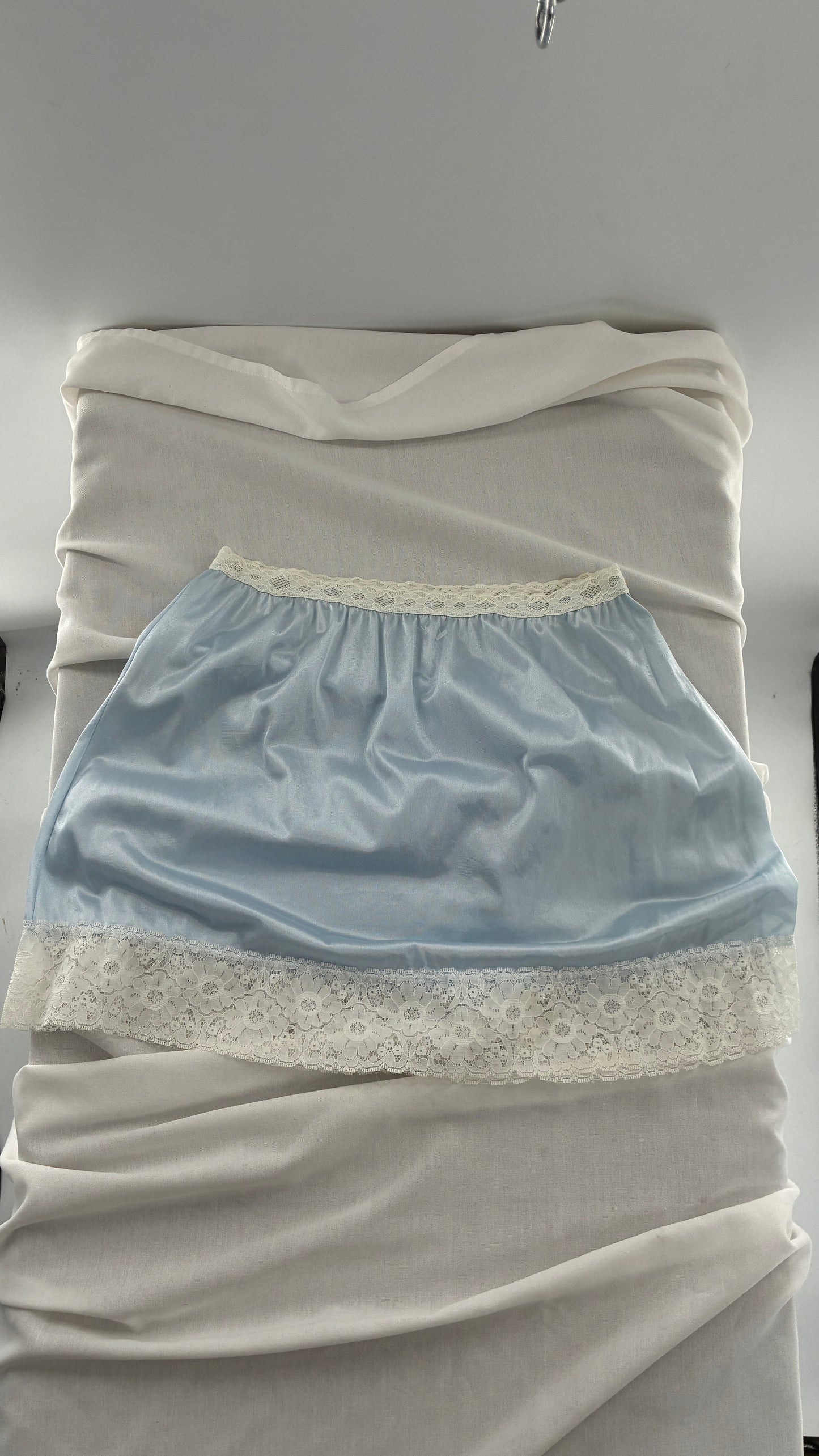 Vintage VELROSE Baby Blue Mini Skirt with Thick White Lace (Large)