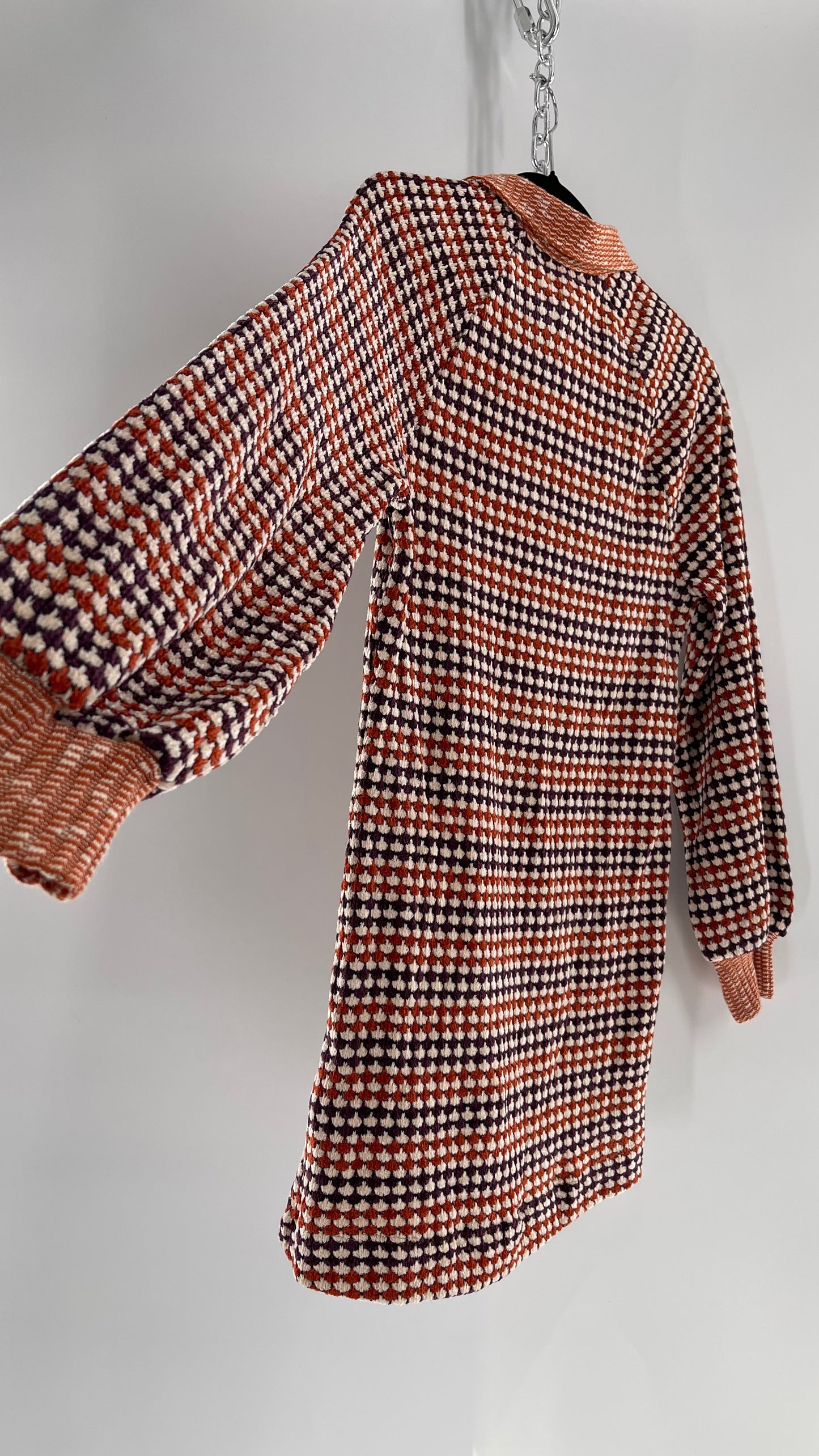 Free People Collared, Orange/Purple Chenille Knit Houndstooth Checkered Patterned 70s Dress (Small)