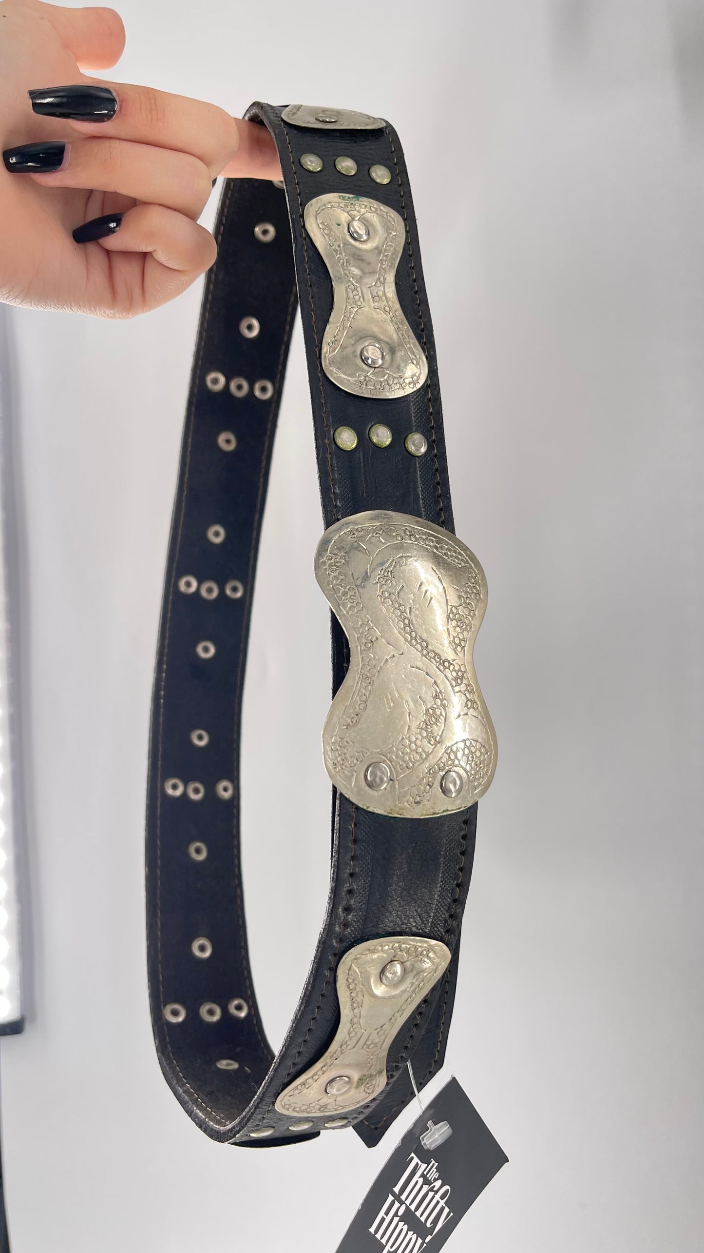 Vintage Engraved Silver Metal + Black Leather Belt (Small)