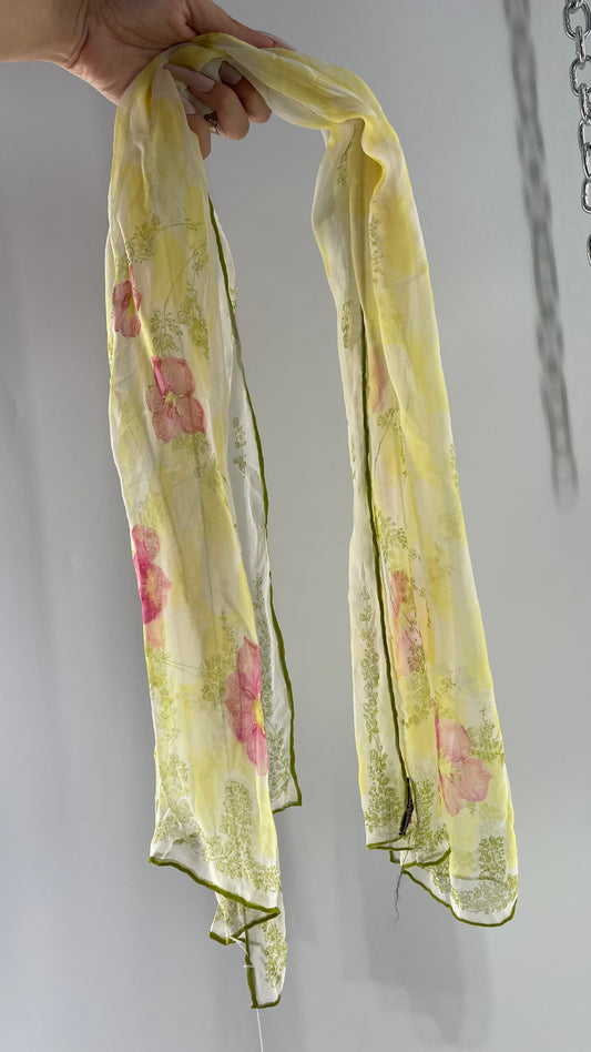 Vintage Lime Skinny Scarf with Florals