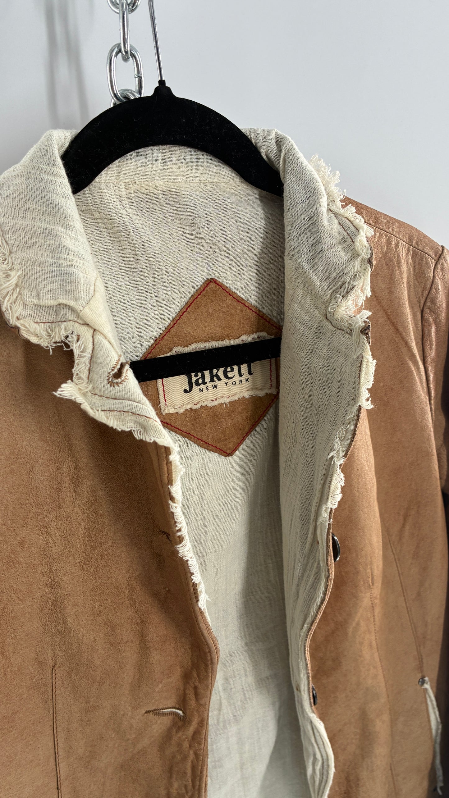 Vintage JAKETT Tan Leather Jacker with Cotton Raw Edge Trim+ Lining and buttoned Cuffs (Medium)
