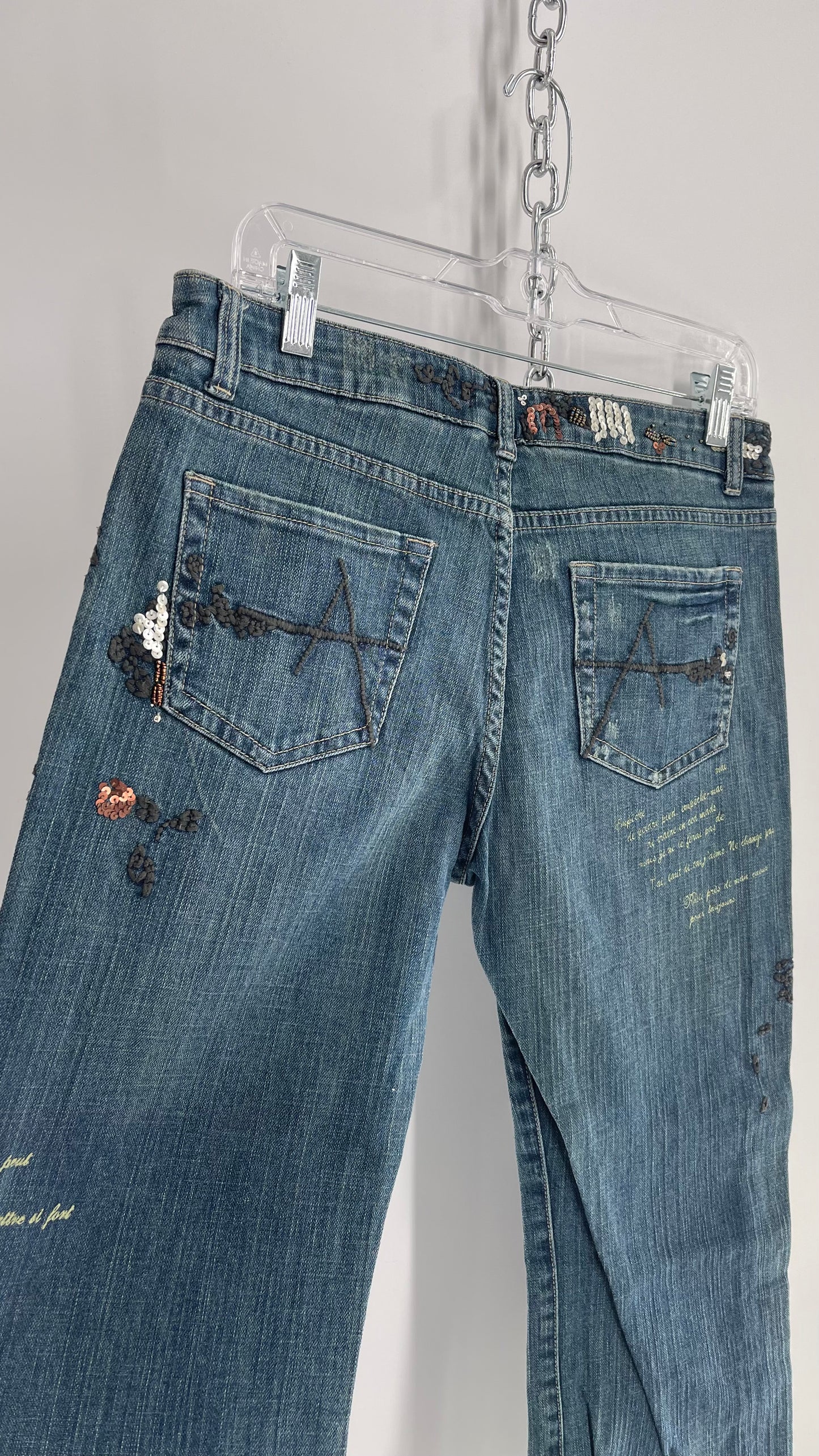 Vintage 1990s American Exchange Embroidered, Beaded Jeans with Distressing and Fade (30)