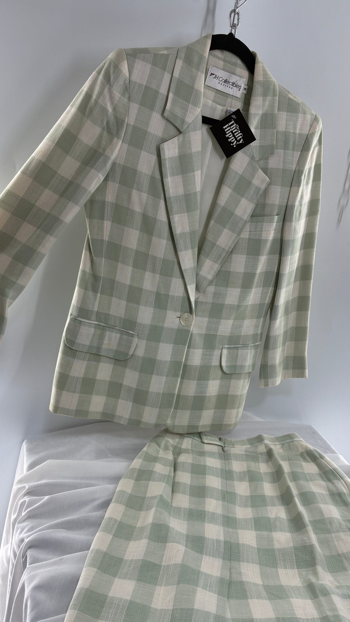 Vintage JH COLLECTIBLES 100% Rayon, Sage Gingham Suit Set (6 Skirt, 4 Blazer)