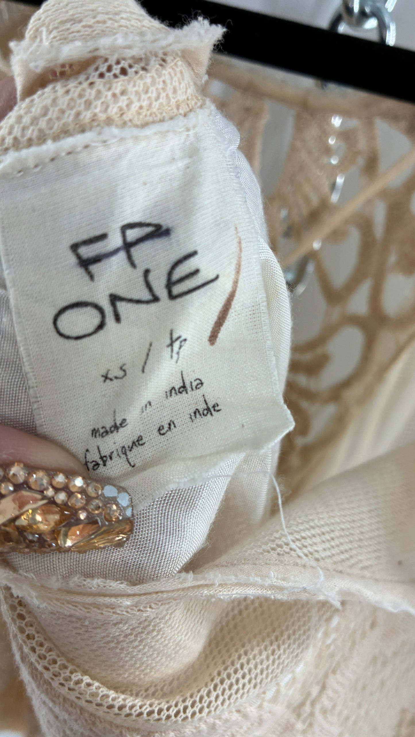 Vintage Free People Beige Long Sleeve Lace Dress with Deep Neckline, Low Back and Beaded Details