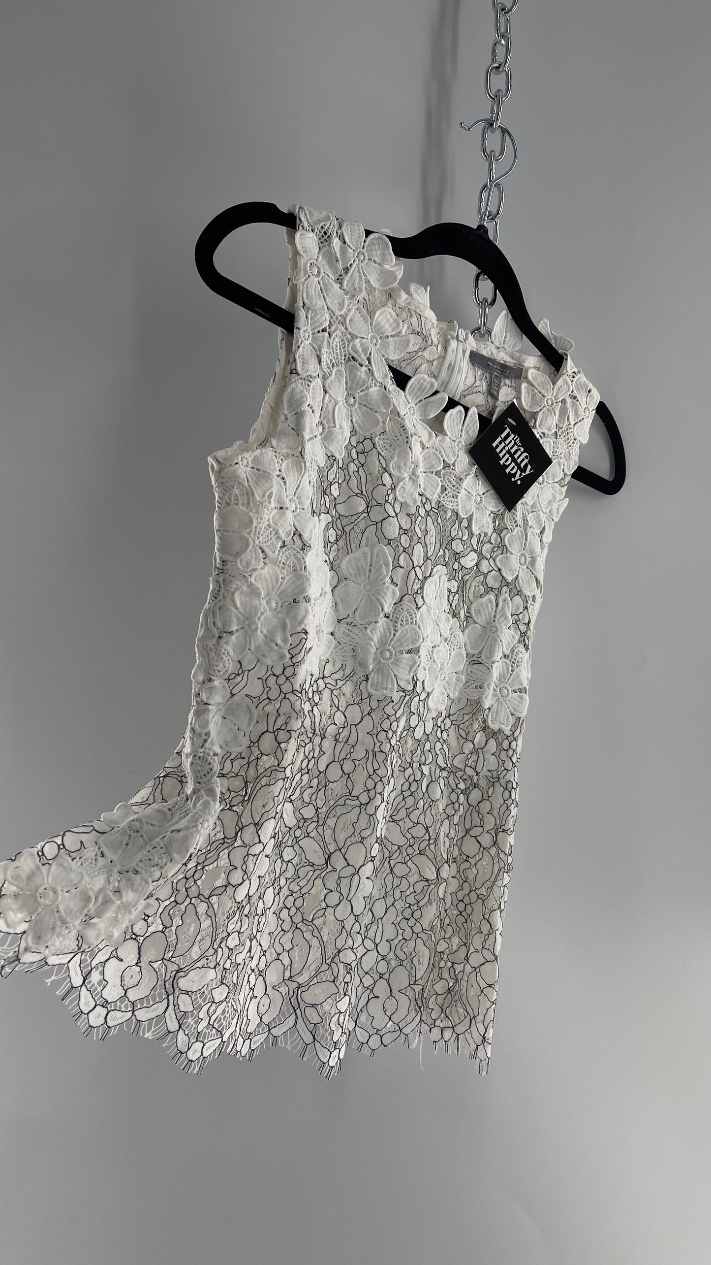 Anthropologie Blue Tassel White Lace Tank with White Lace Under bust and Collar Trim (XS)