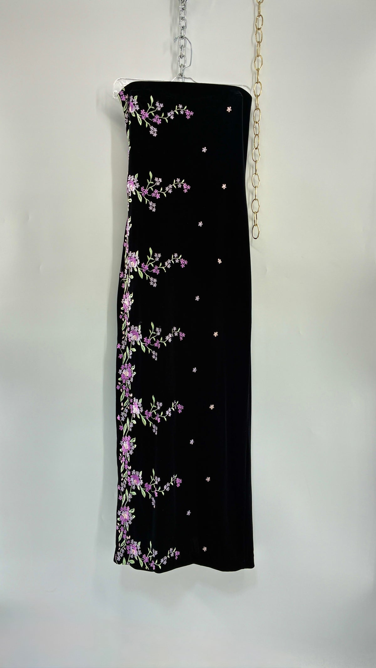 Vintage ROBERTA 1990s Black Velour Strapless Dress with Embroidered Flowers (Medium)