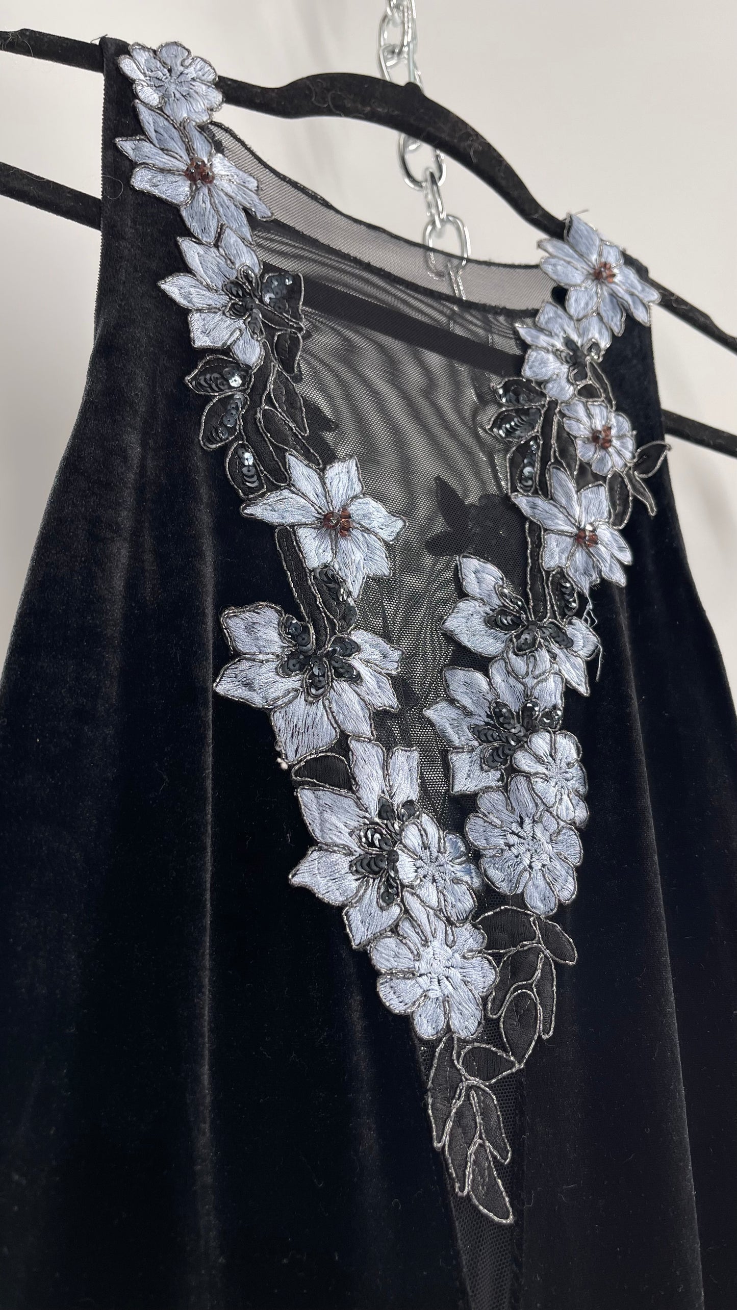 Vintage Jessica McClintock Black Velvet Fit And Flare Gown with Plunging Neckline Covered in Embroidered Beaded Pale Blue Flowers (2)