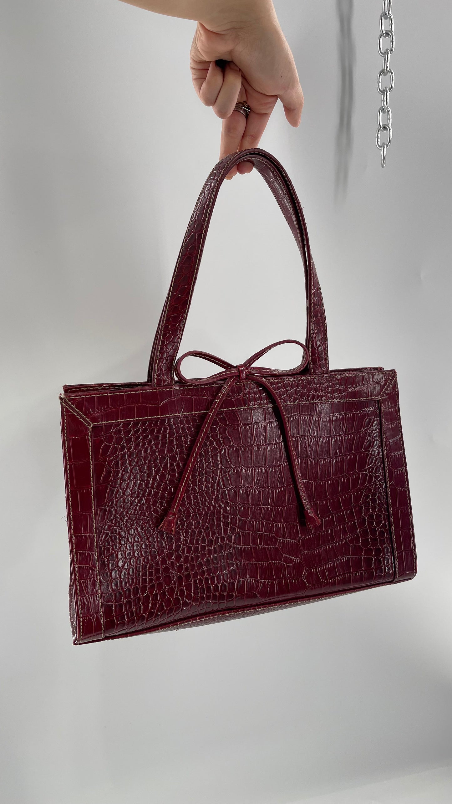 Vintage Liz Claiborne 1990s Cherry Red Crocodile Embossed Structured Bow Bag