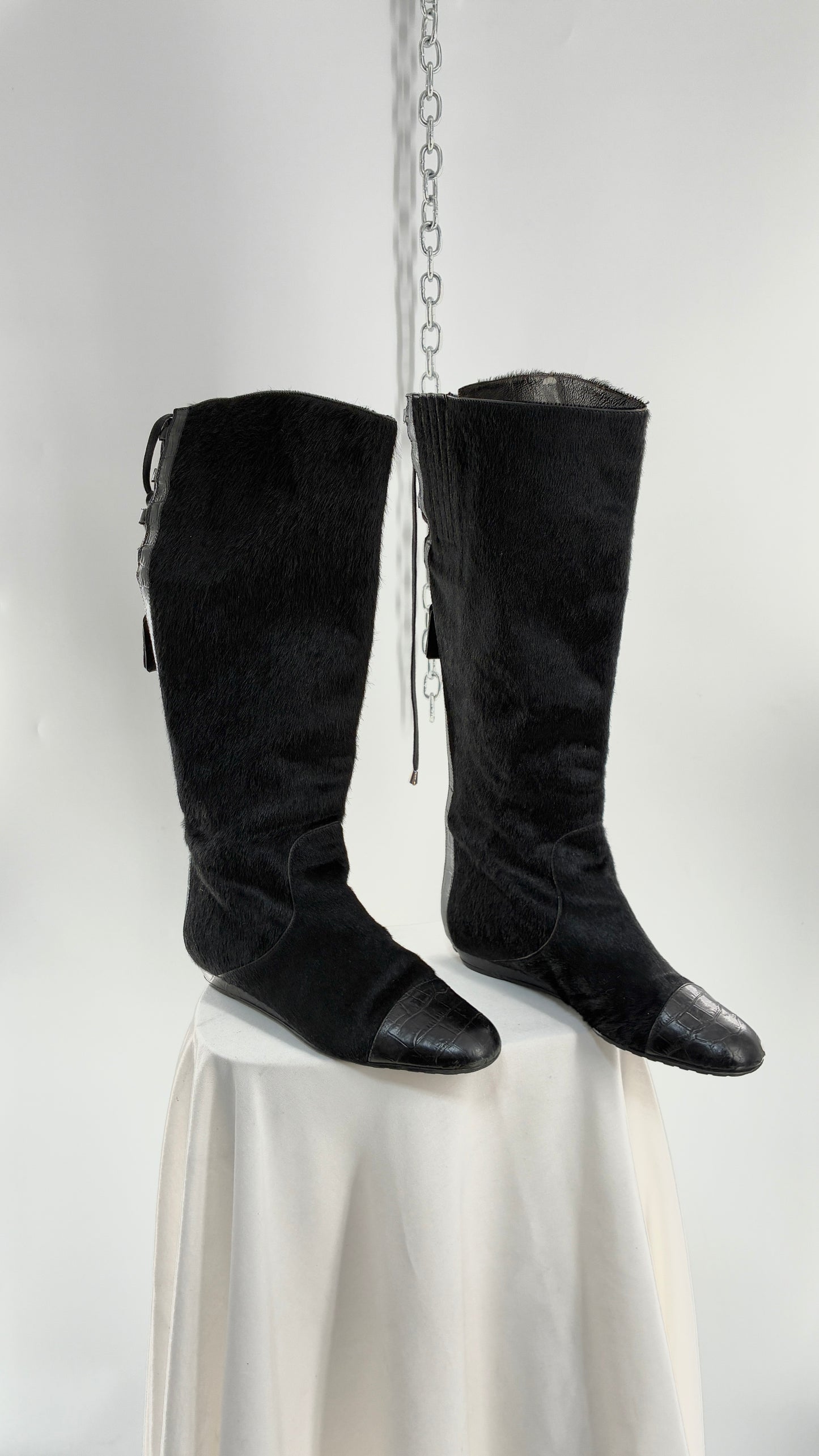 Vintage MIGLIORINI Black Genuine Calf Hair/Fur Boots with Heel, Made in Italy (7.5)