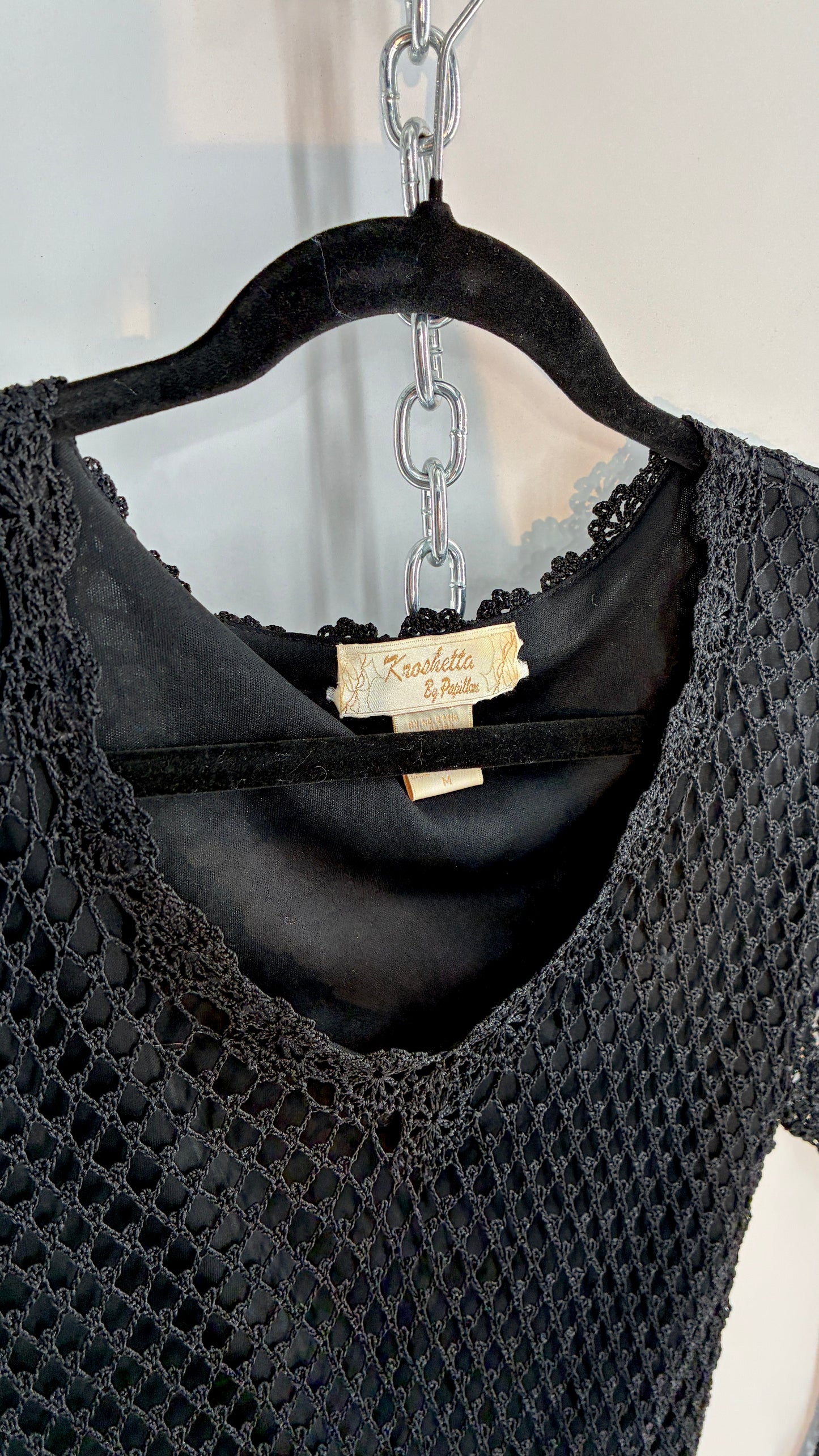 Vintage KROSHETTA by PAPILLON  Black Crochet Quarter Sleeve Blouse (Medium)