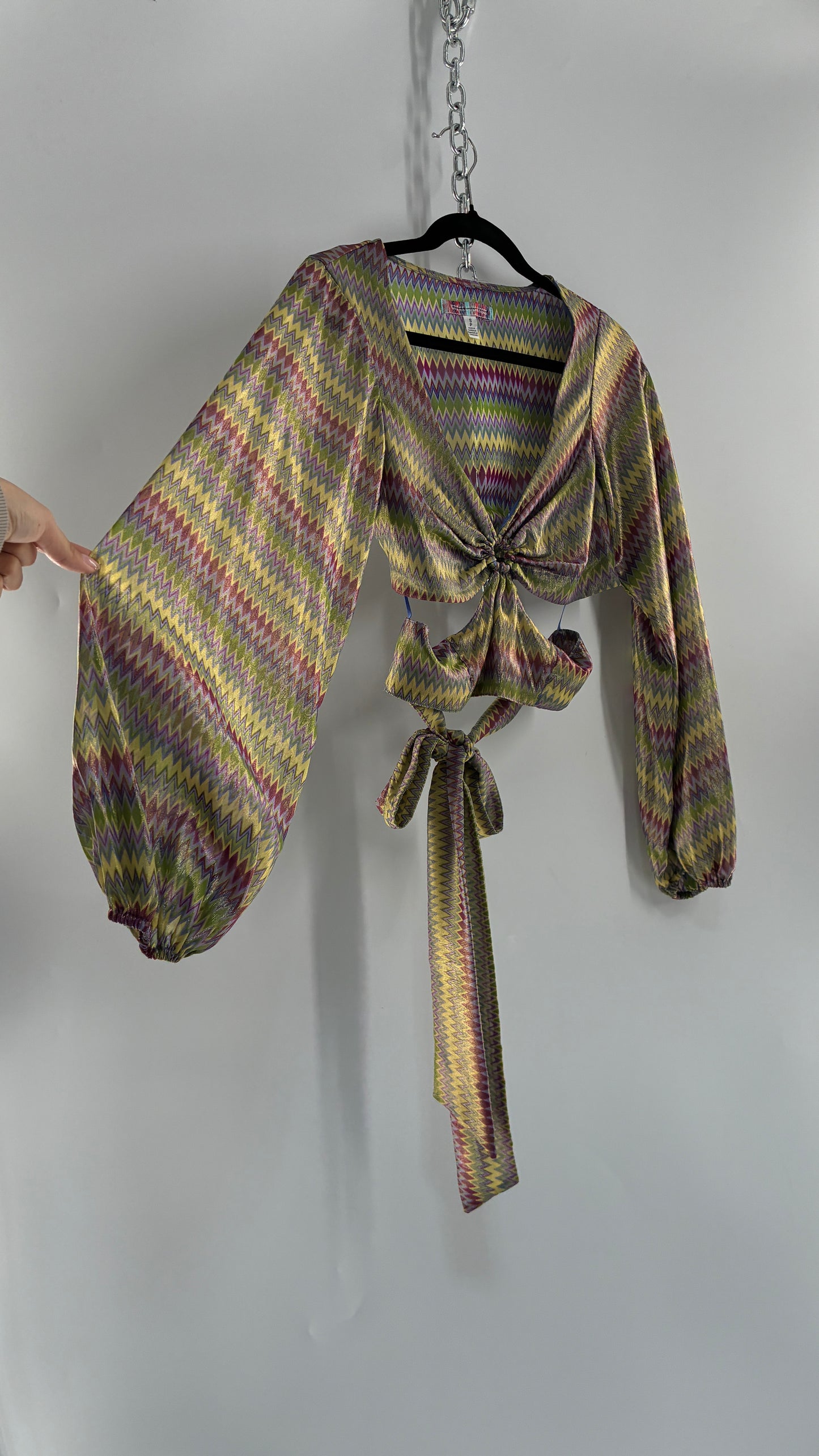 Urban Outfitters Green Open Side Tie Around, Balloon Sleeve Sparkle Top (Small)