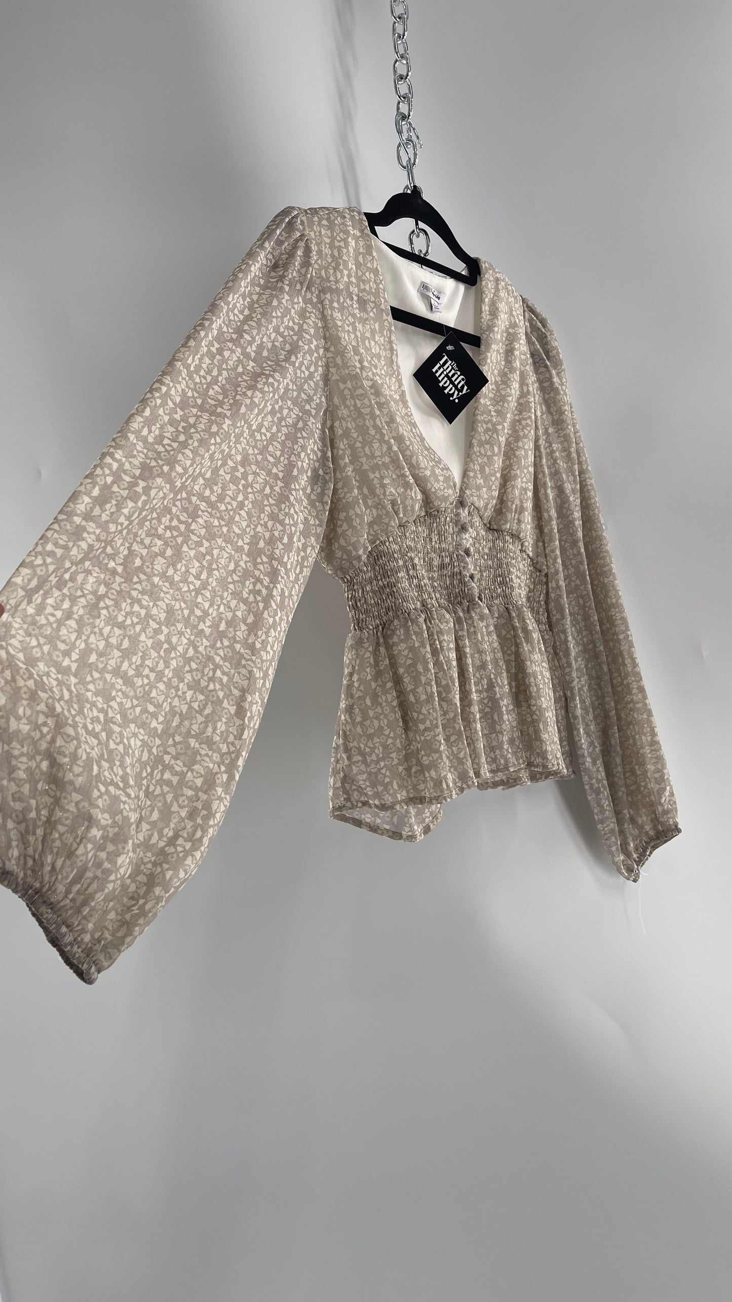 Anthropologie Light Gray Glitter/Shimmer Balloon Sleeve, Smocked Waist, Button Front Blouse (Large)