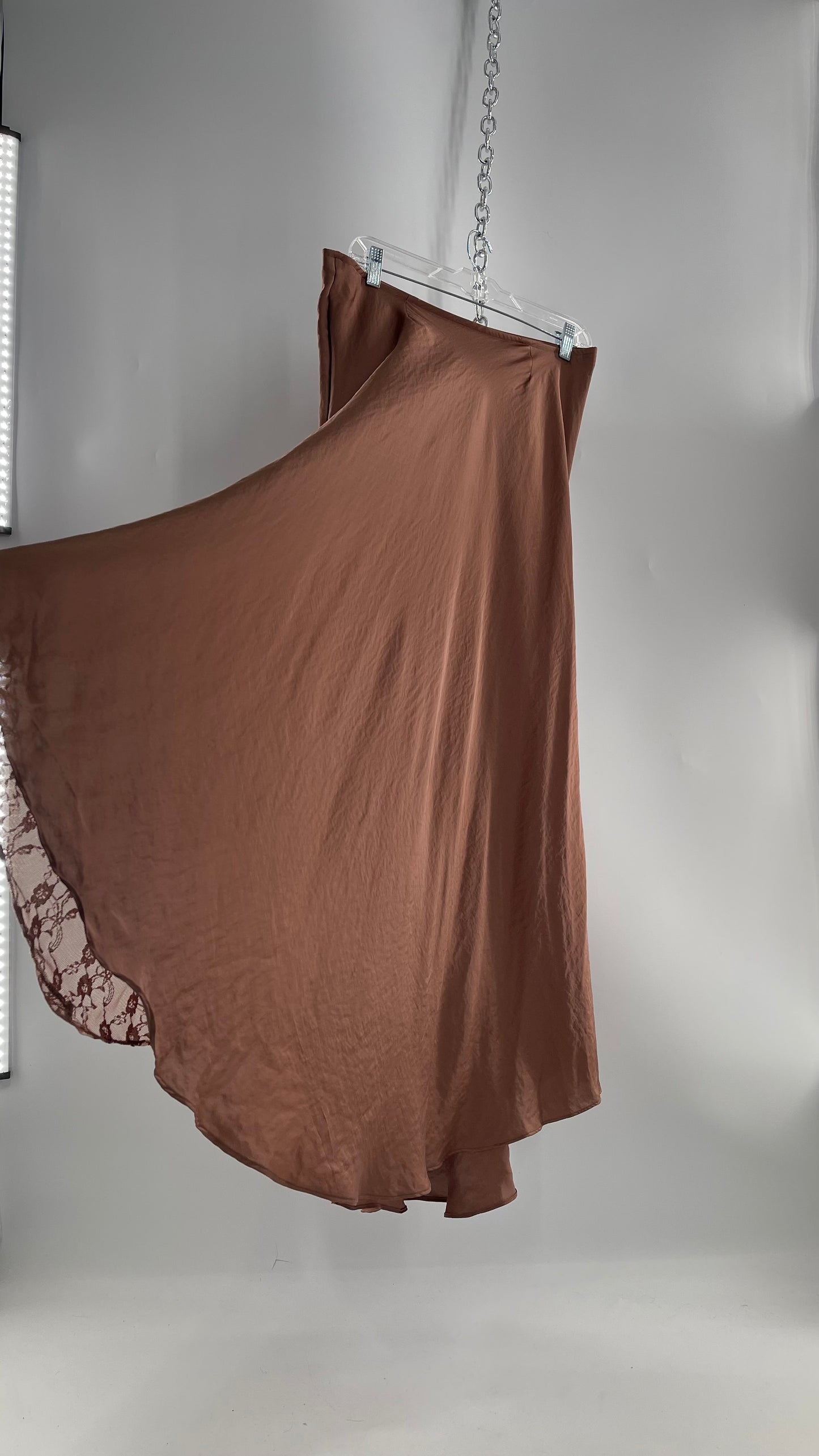 Intimately Free People Brown/Dusty Mauve Satin Maxi Skirt with Lace Paneling (Medium)