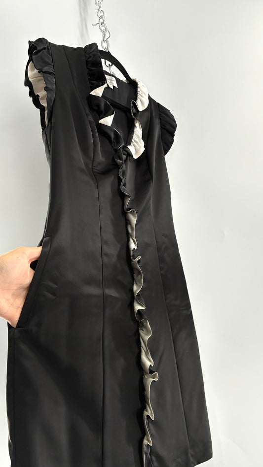 Vintage ADAM PLUS EVE Adam Lippes 58% Wool Black Paneled, Tailored Dress with White Ruffles (6)