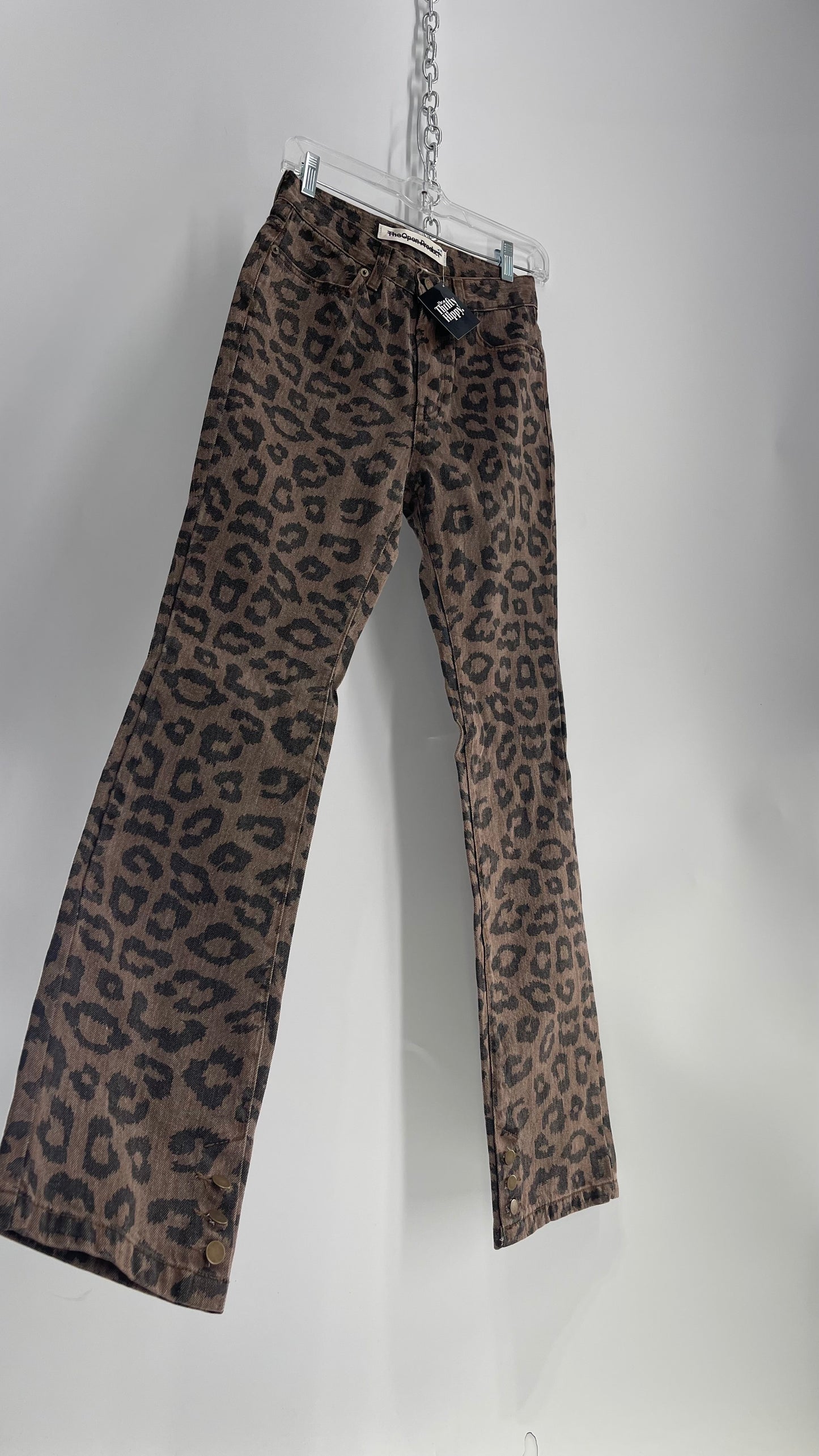 The Open Product Cheetah Print Brown Jeans with Buttons on Hem  (2)