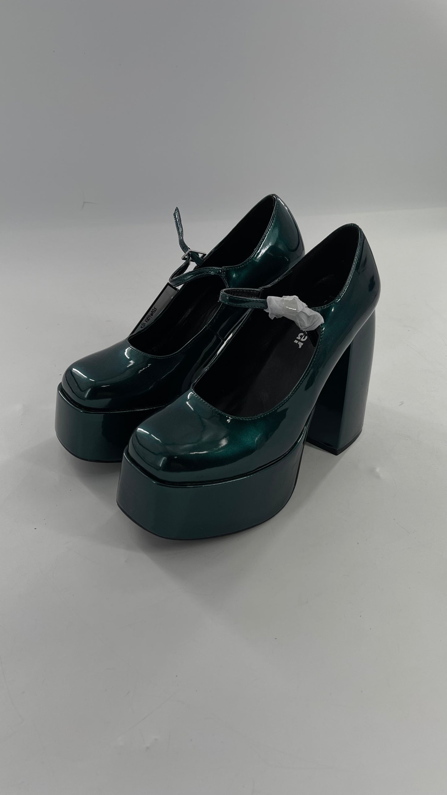 KOI FOOTWEAR Patent Emerald Green Platform Chunky Heel Mary Janes (9/39)