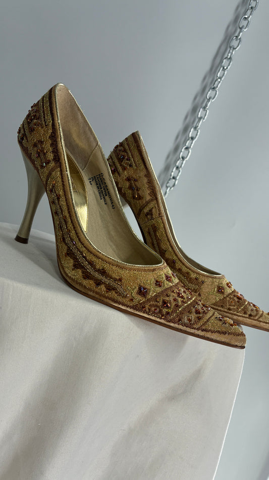 Vintage 1990s NINE WEST Gold Beaded Pointed Toe Heels (7)